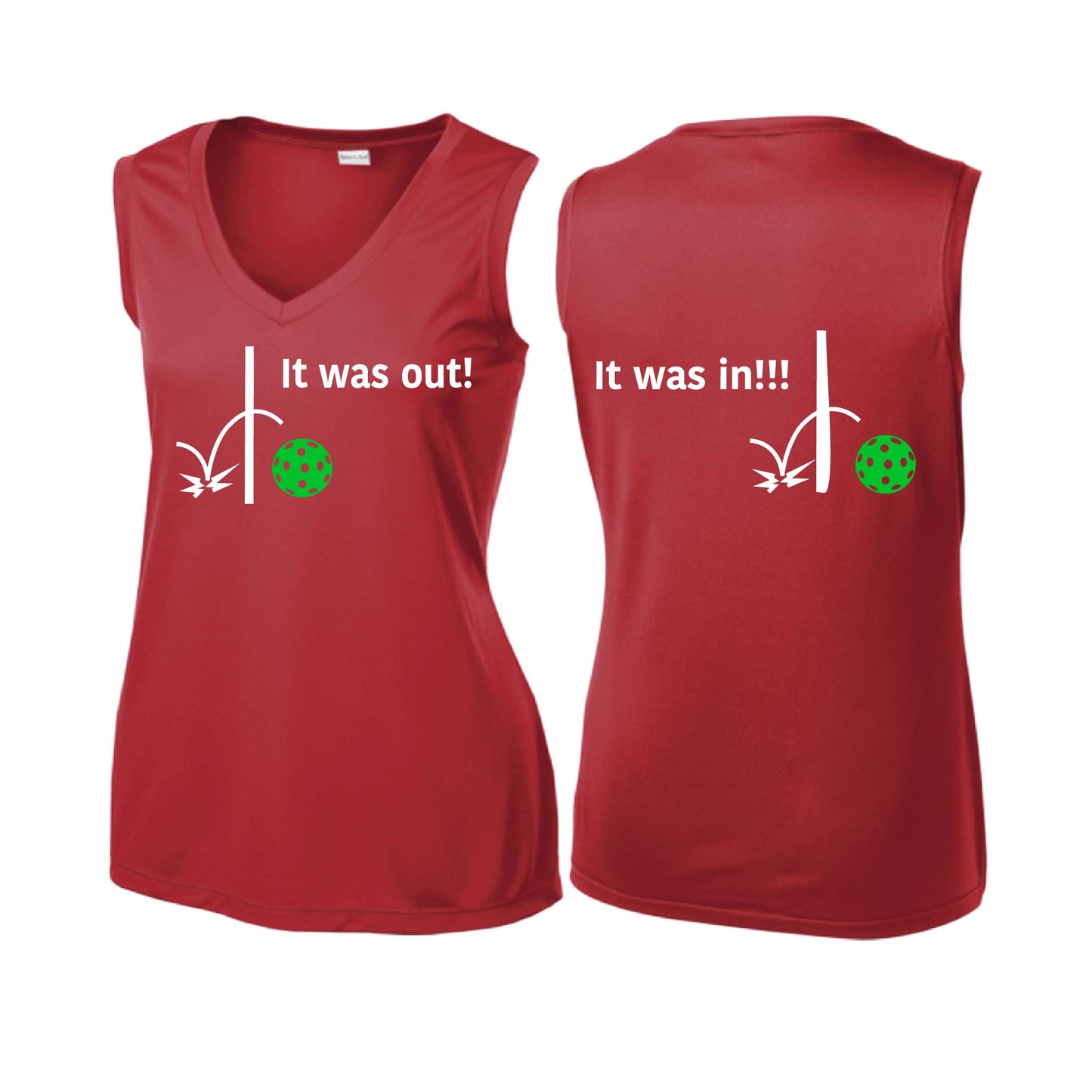 It Was Out! It Was In! (Pickleballs Cyan Green Orange) | Women’s Sleeveless Athletic Performance T-Shirt | 100% Polyester