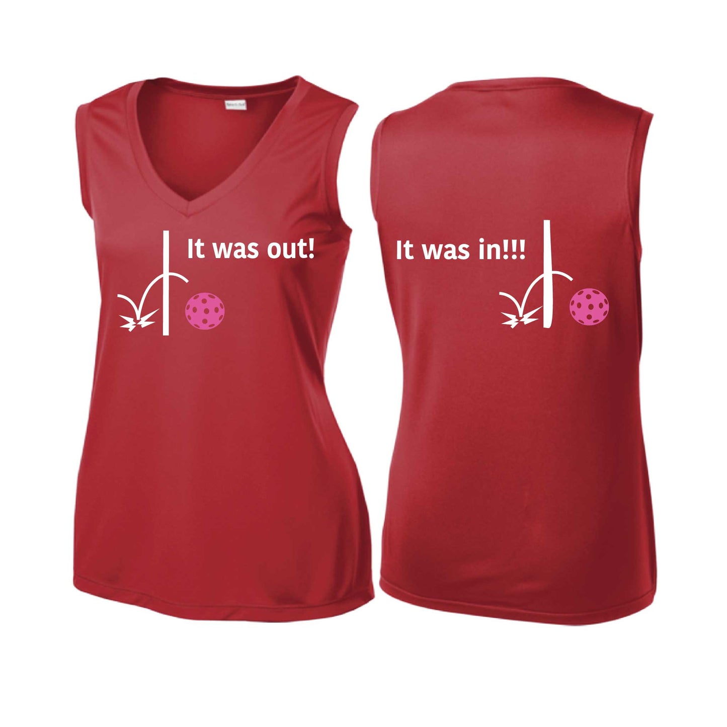 It Was Out! It Was In! (Pickleballs Pink Purple Rainbow) | Women’s Sleeveless Athletic Performance T-Shirt | 100% Polyester