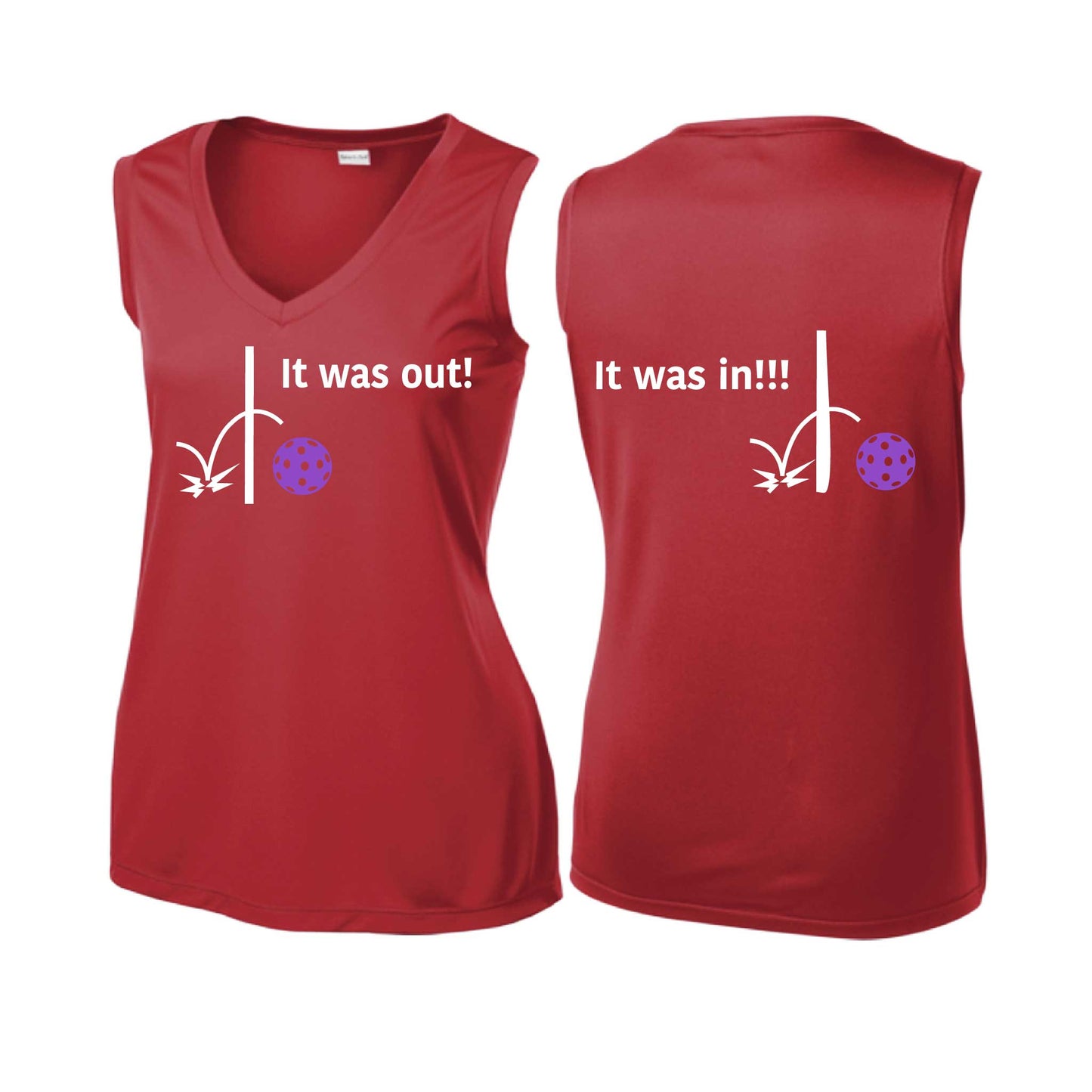 It Was Out! It Was In! (Pickleballs Pink Purple Rainbow) | Women’s Sleeveless Athletic Performance T-Shirt | 100% Polyester