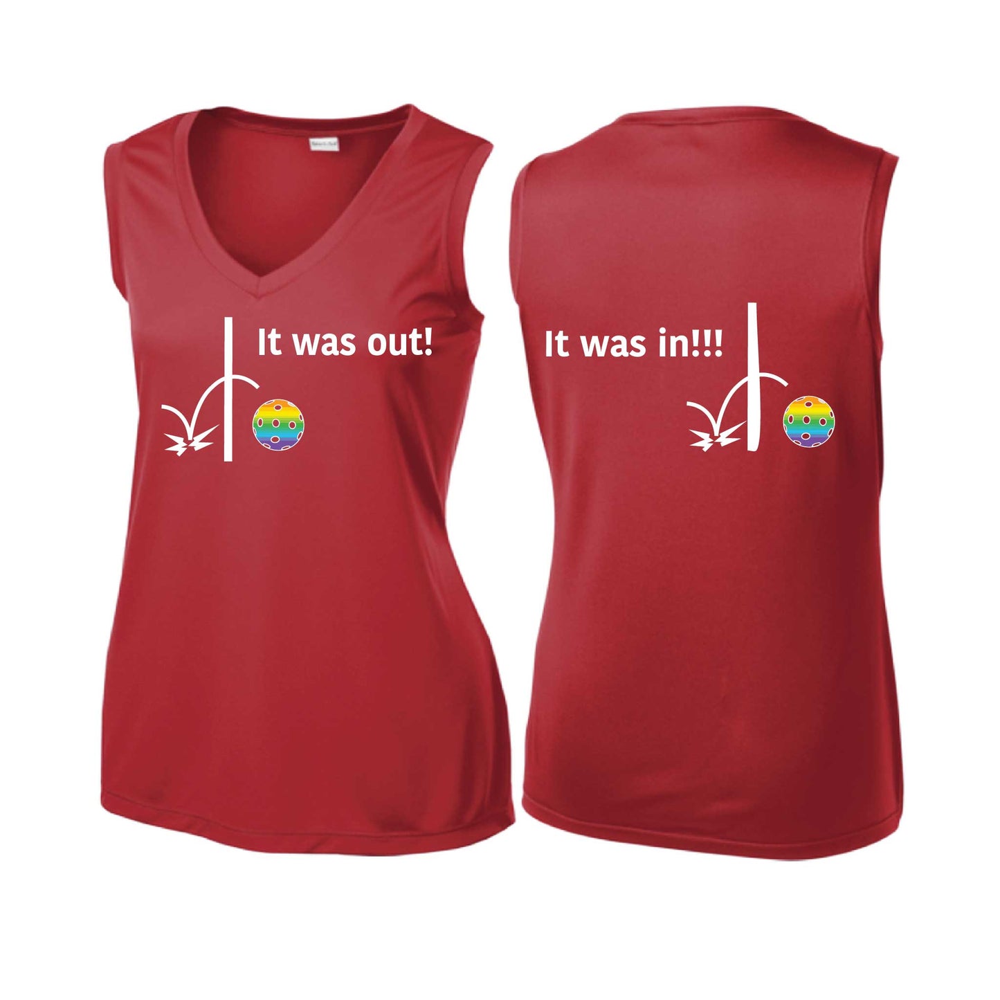It Was Out! It Was In! (Pickleballs Pink Purple Rainbow) | Women’s Sleeveless Athletic Performance T-Shirt | 100% Polyester