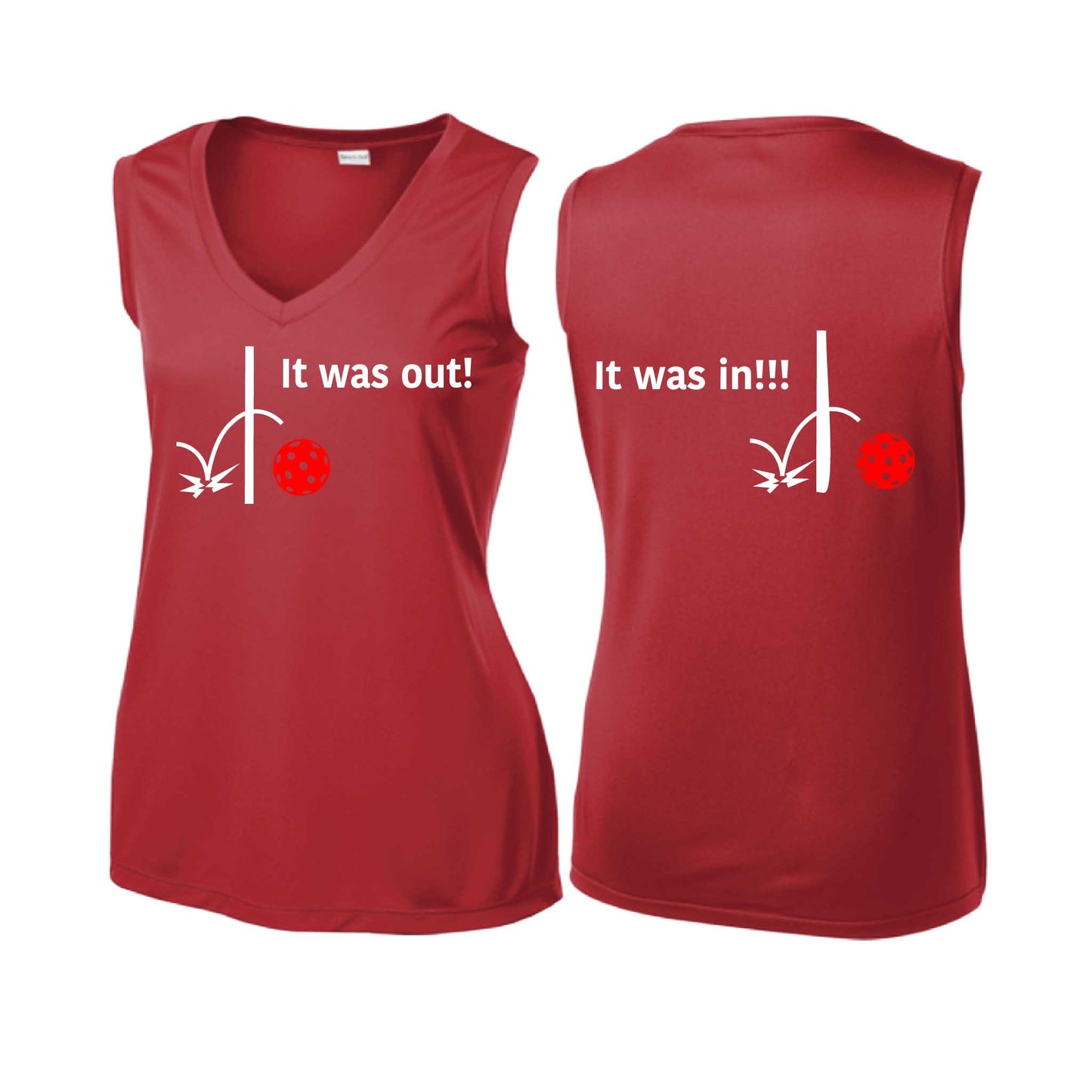 It Was Out! It Was In! (Pickleballs Red White Yellow) | Women’s Sleeveless Athletic Performance T-Shirt | 100% Polyester