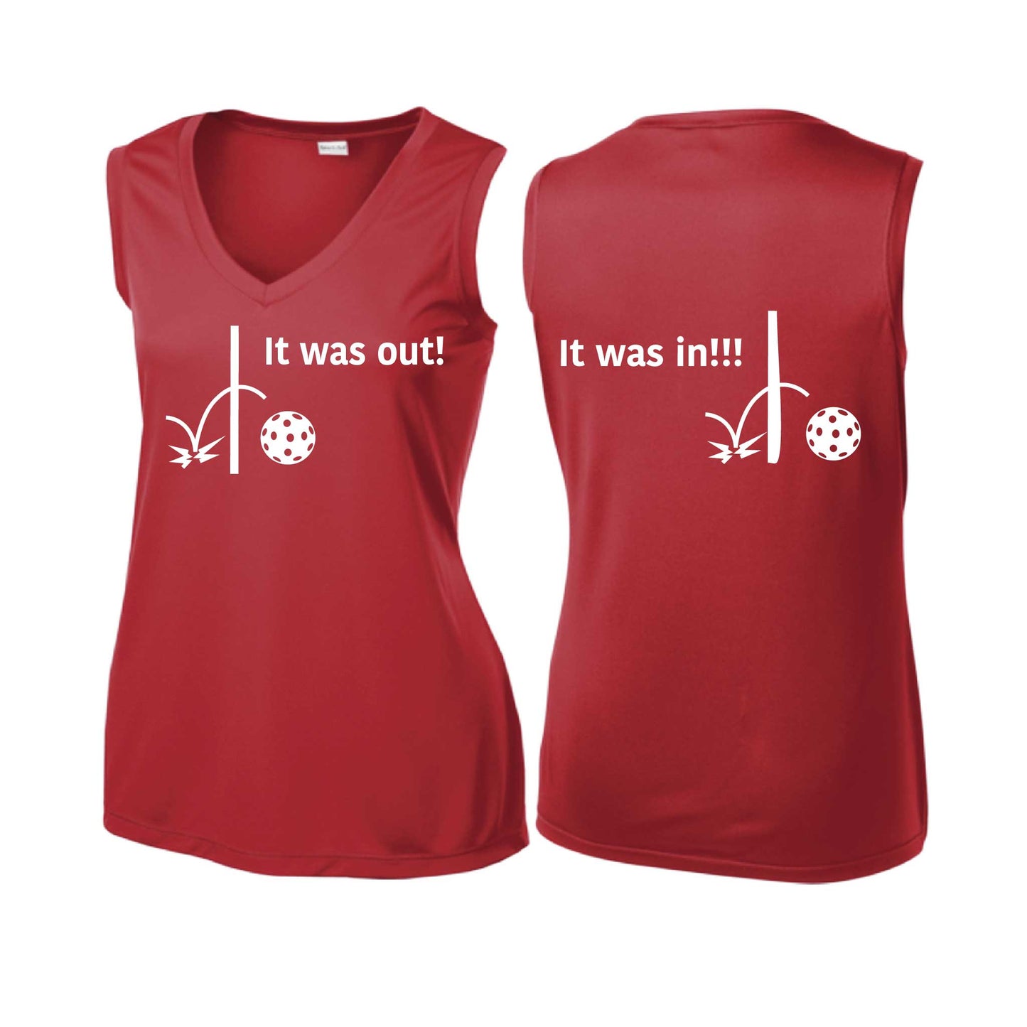 It Was Out! It Was In! (Pickleballs Red White Yellow) | Women’s Sleeveless Athletic Performance T-Shirt | 100% Polyester