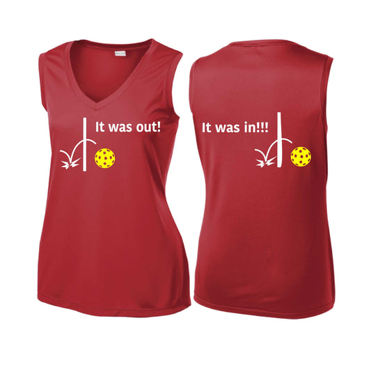It Was Out! It Was In! (Pickleballs Red White Yellow) | Women’s Sleeveless Athletic Performance T-Shirt | 100% Polyester