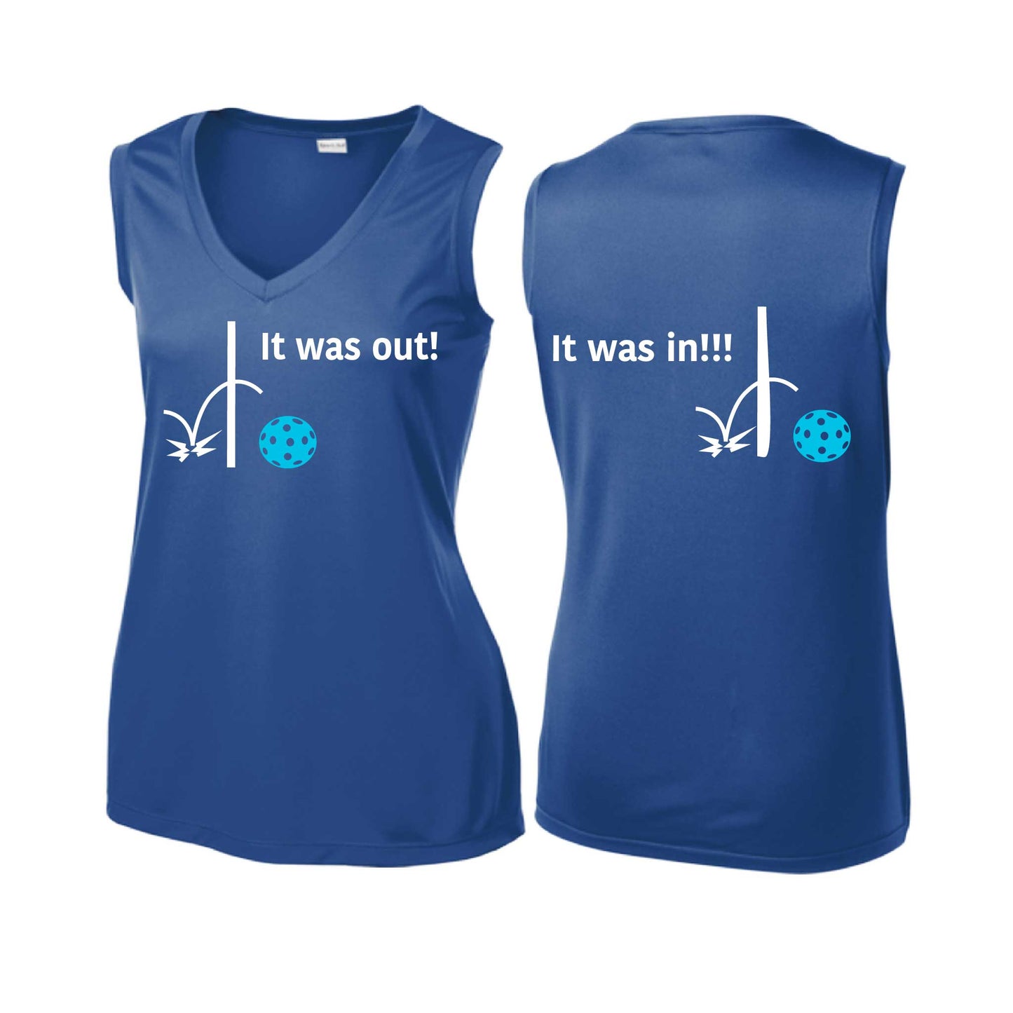 It Was Out! It Was In! (Pickleballs Cyan Green Orange) | Women’s Sleeveless Athletic Performance T-Shirt | 100% Polyester