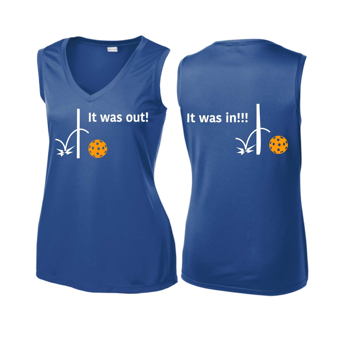 It Was Out! It Was In! (Pickleballs Cyan Green Orange) | Women’s Sleeveless Athletic Performance T-Shirt | 100% Polyester