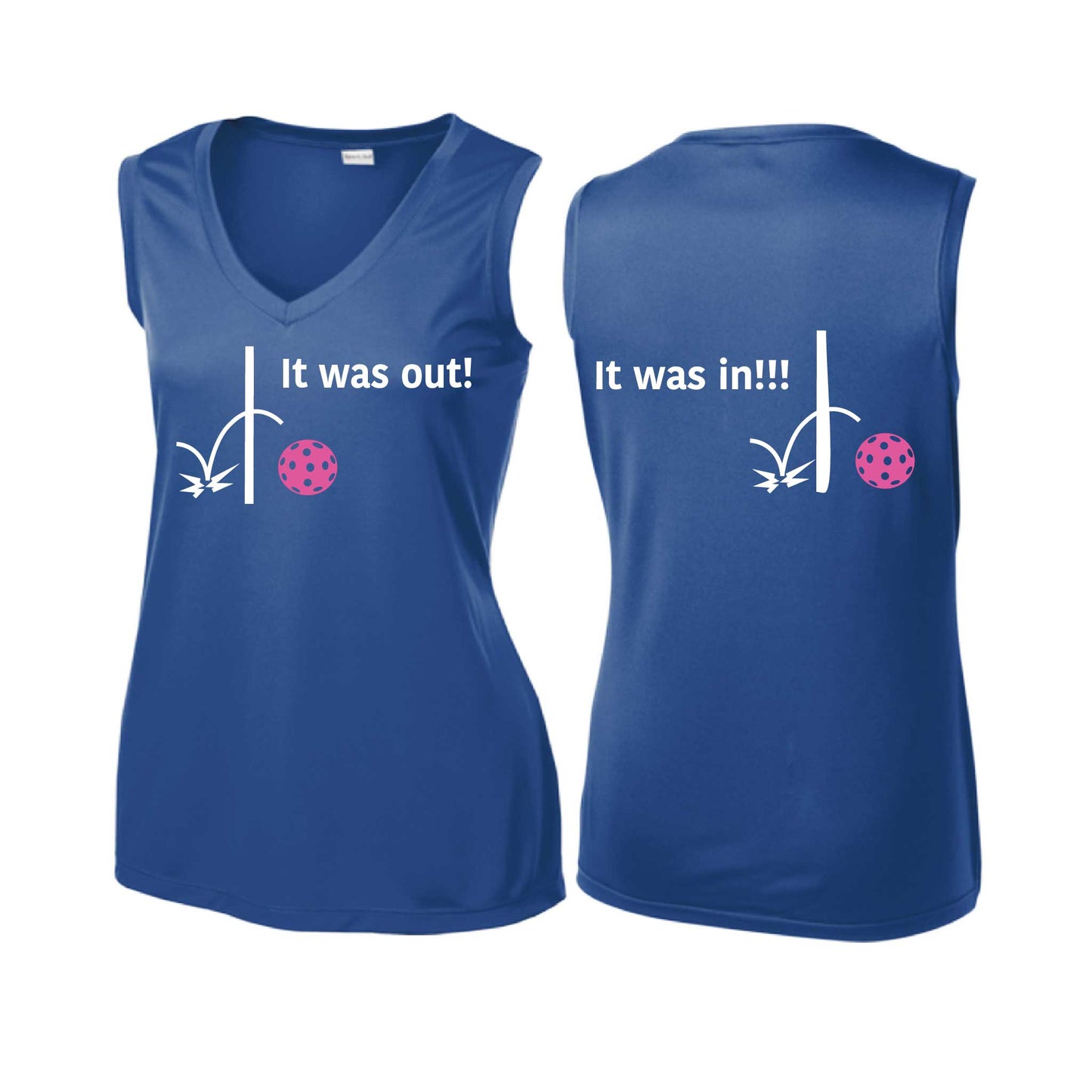 It Was Out! It Was In! (Pickleballs Pink Purple Rainbow) | Women’s Sleeveless Athletic Performance T-Shirt | 100% Polyester