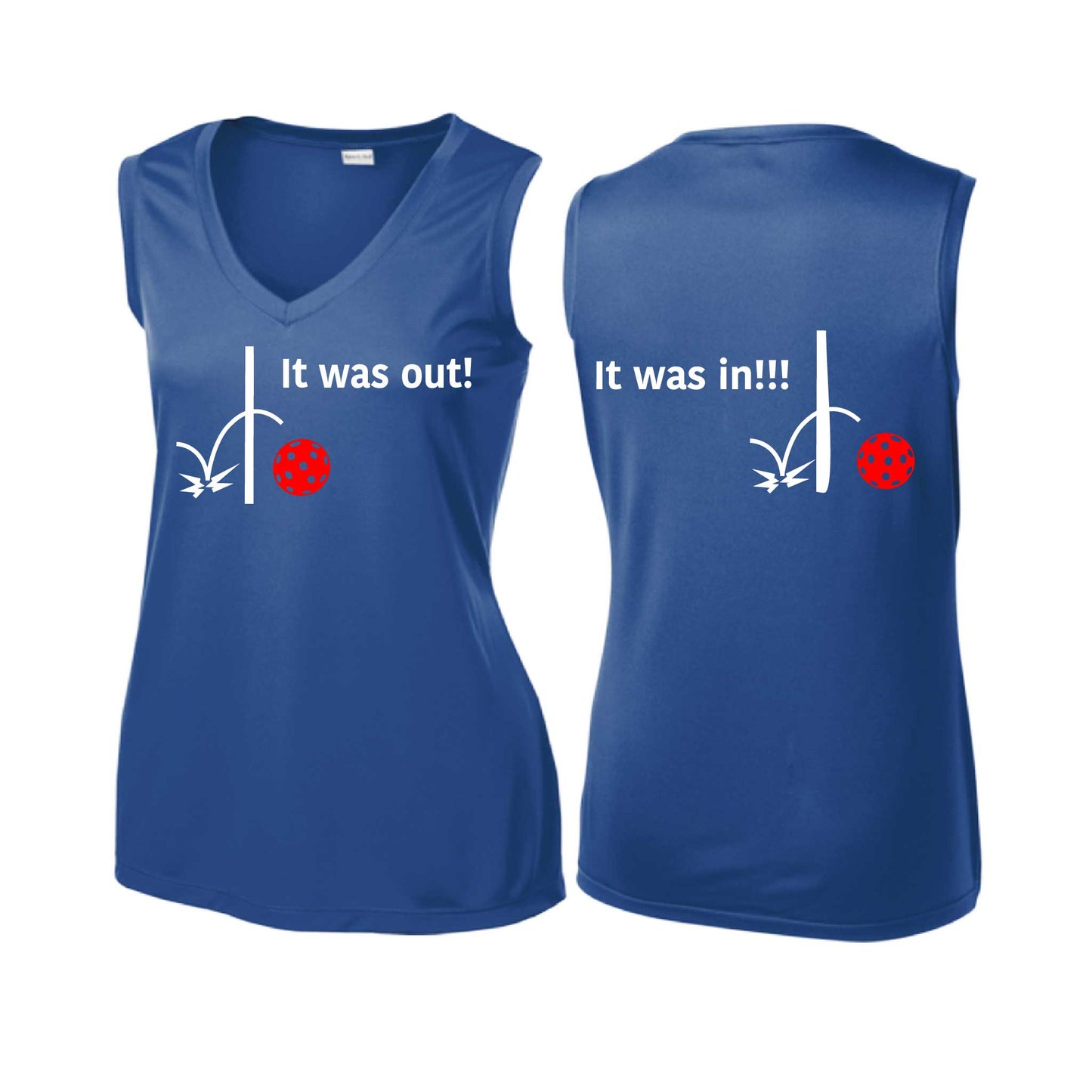 It Was Out! It Was In! (Pickleballs Red White Yellow) | Women’s Sleeveless Athletic Performance T-Shirt | 100% Polyester
