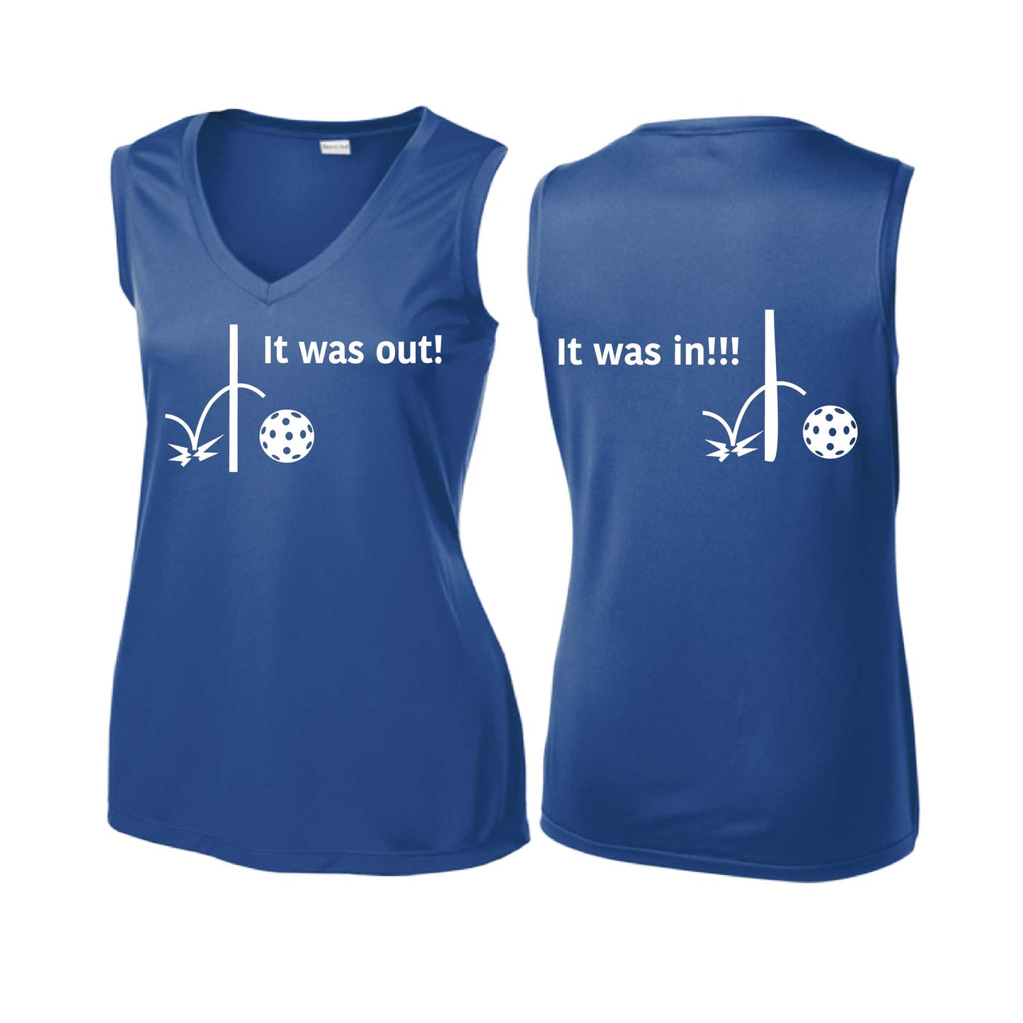 It Was Out! It Was In! (Pickleballs Red White Yellow) | Women’s Sleeveless Athletic Performance T-Shirt | 100% Polyester