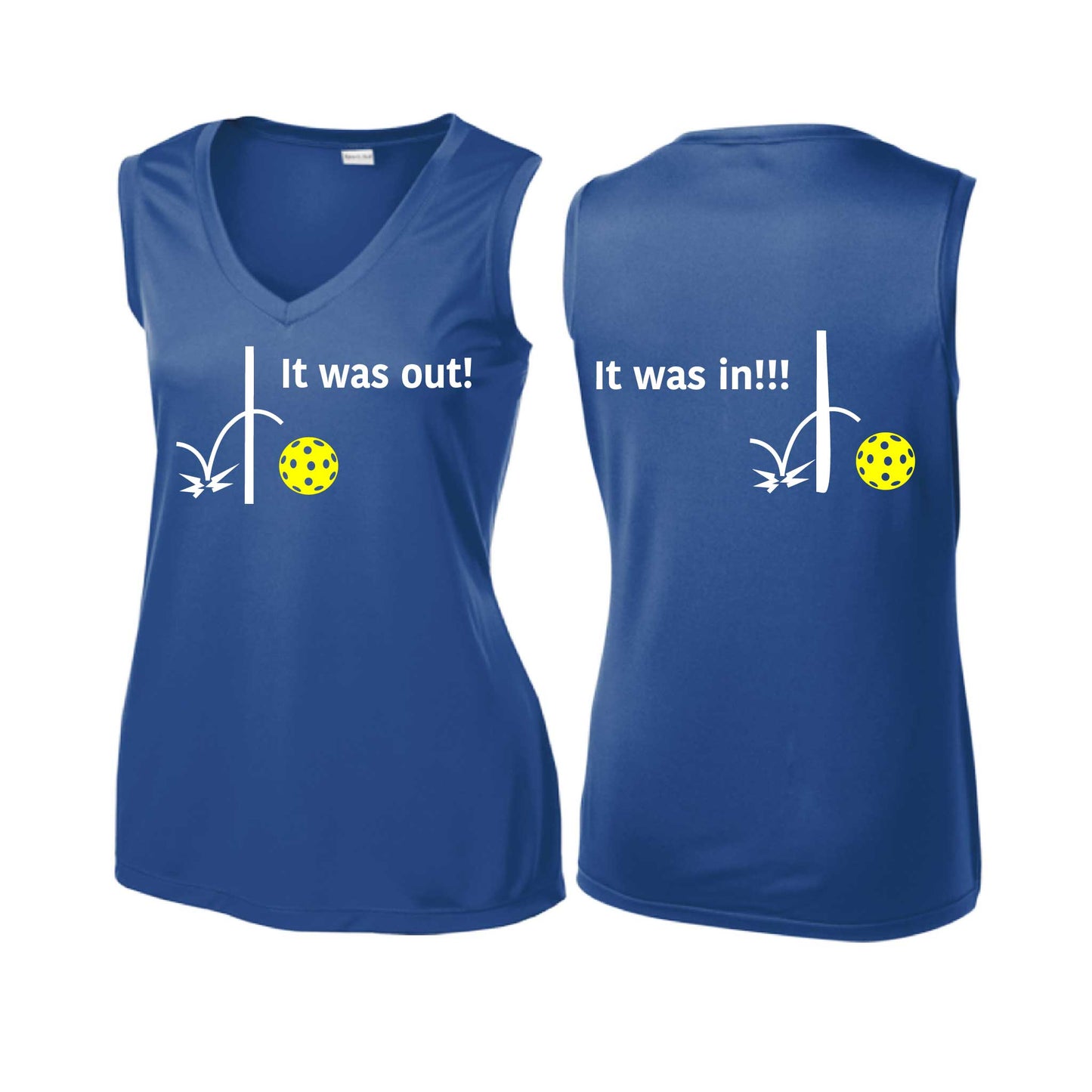 It Was Out! It Was In! (Pickleballs Red White Yellow) | Women’s Sleeveless Athletic Performance T-Shirt | 100% Polyester