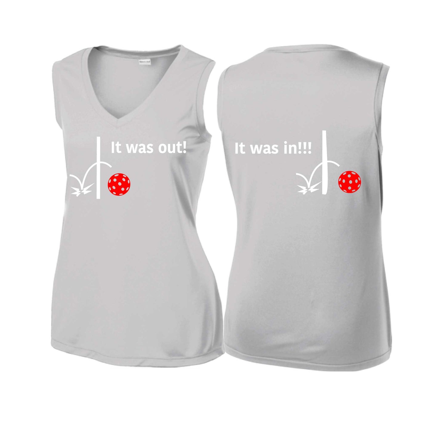 It Was Out! It Was In! (Pickleballs Red White Yellow) | Women’s Sleeveless Athletic Performance T-Shirt | 100% Polyester
