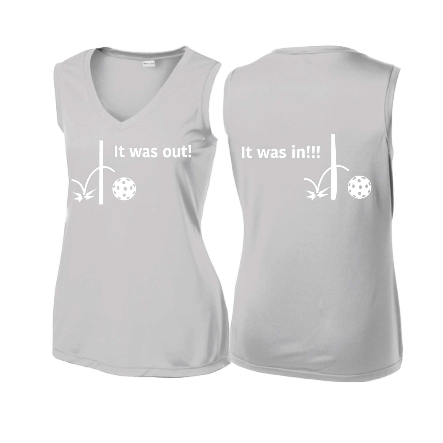 It Was Out! It Was In! (Pickleballs Red White Yellow) | Women’s Sleeveless Athletic Performance T-Shirt | 100% Polyester