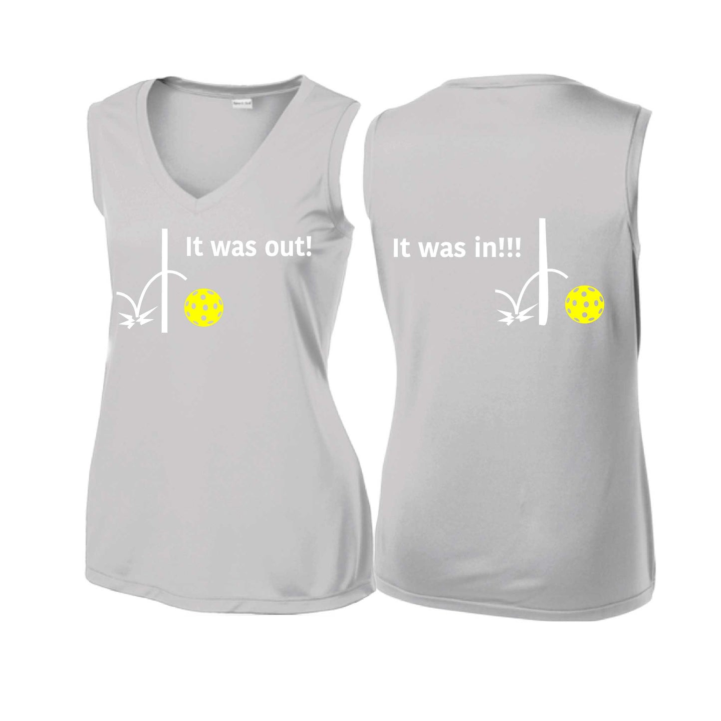 It Was Out! It Was In! (Pickleballs Red White Yellow) | Women’s Sleeveless Athletic Performance T-Shirt | 100% Polyester