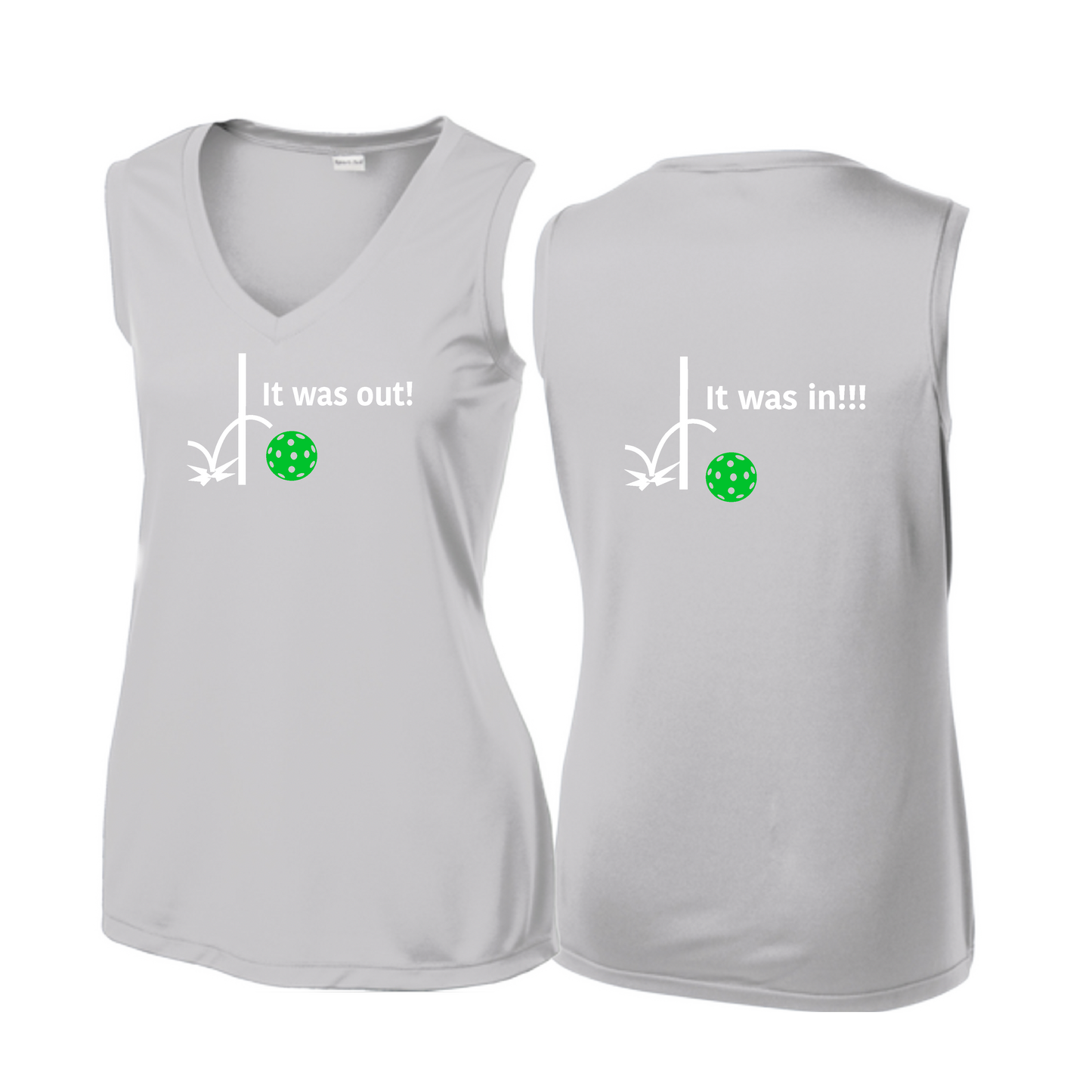 It Was Out! It Was In! (Pickleballs Cyan Green Orange) | Women’s Sleeveless Athletic Shirt | 100% Polyester