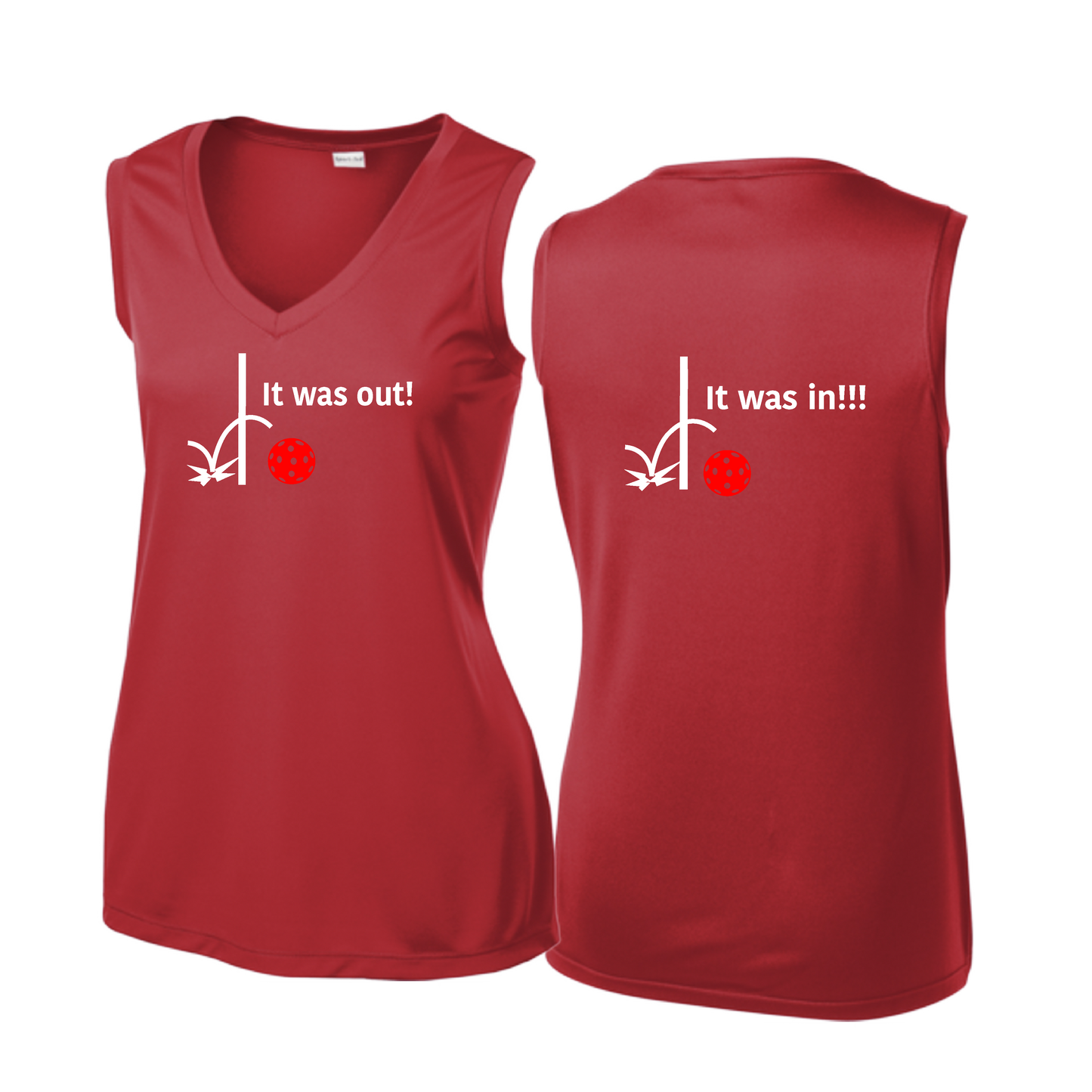 It Was Out! It Was In! (Pickleballs Red White Yellow) | Women’s Sleeveless Athletic Shirt | 100% Polyester