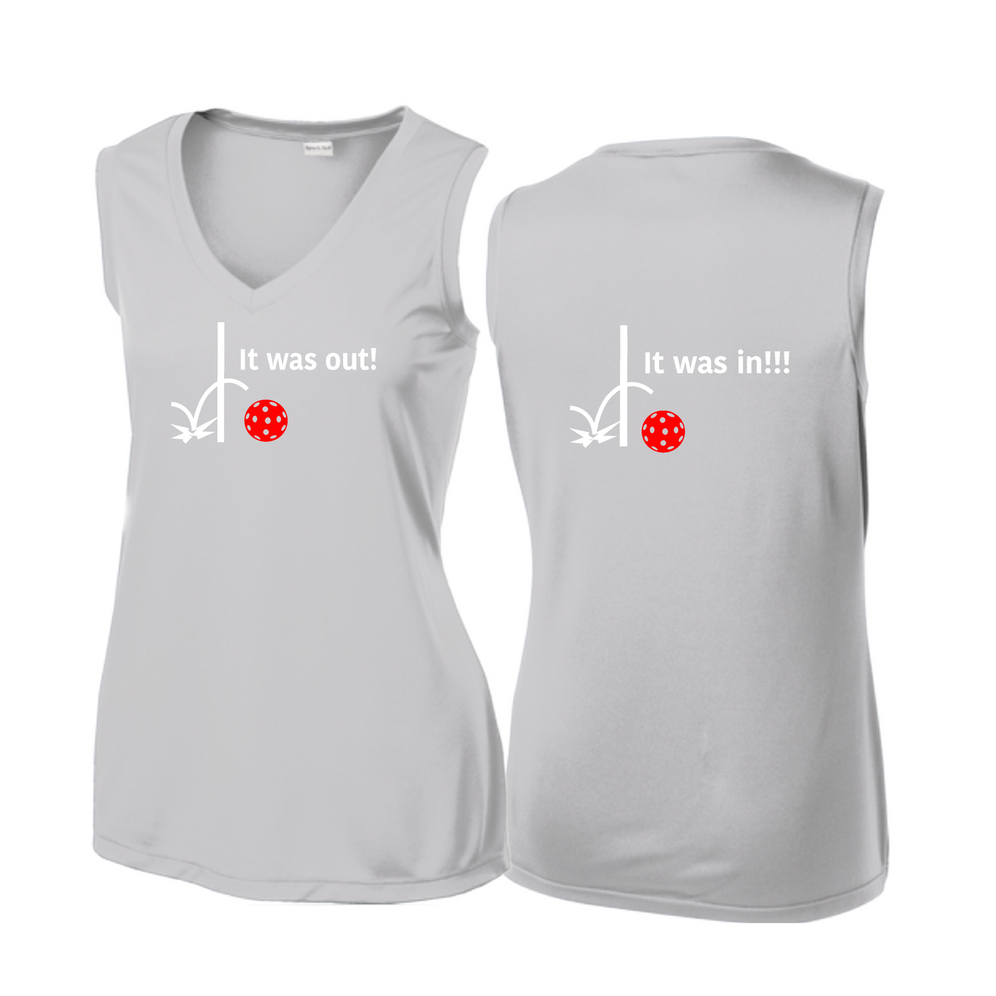 It Was Out! It Was In! (Pickleballs Red White Yellow) | Women’s Sleeveless Athletic Shirt | 100% Polyester