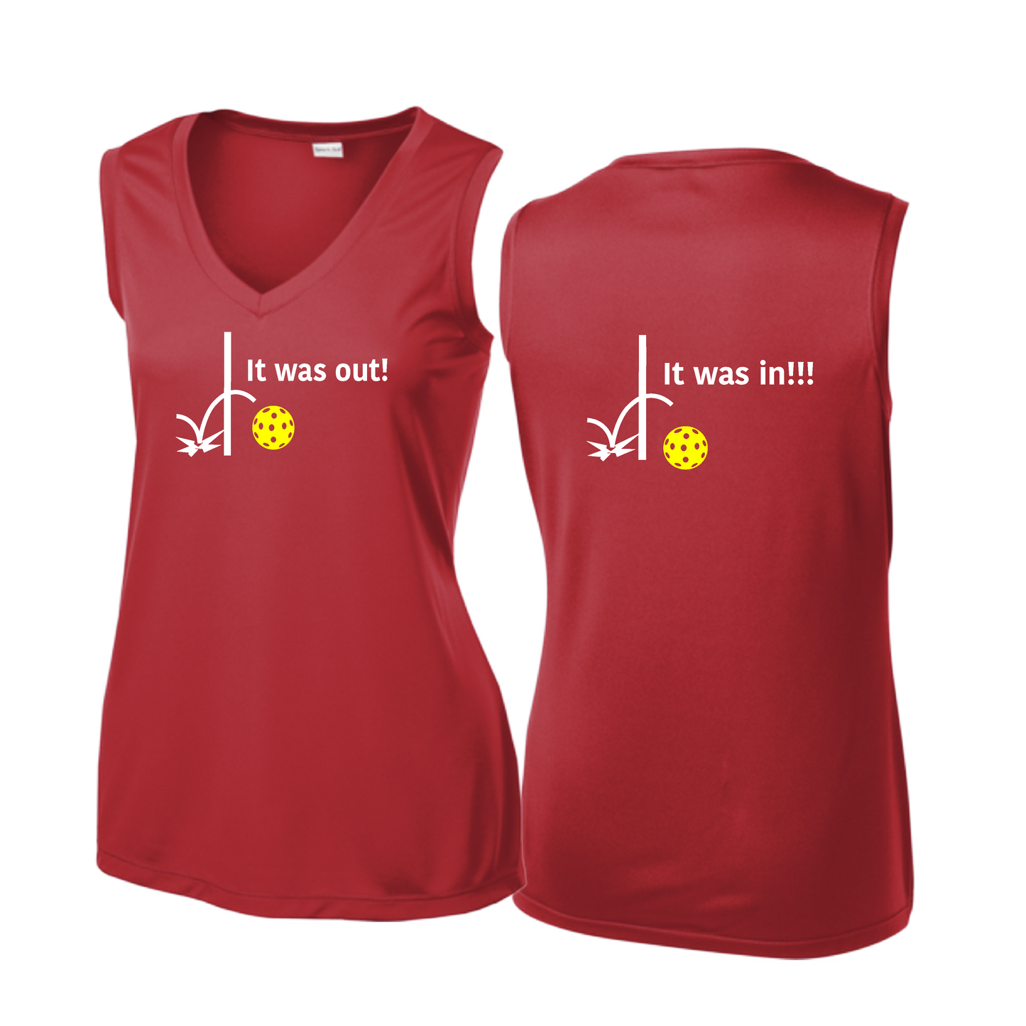 It Was Out! It Was In! (Pickleballs Red White Yellow) | Women’s Sleeveless Athletic Shirt | 100% Polyester