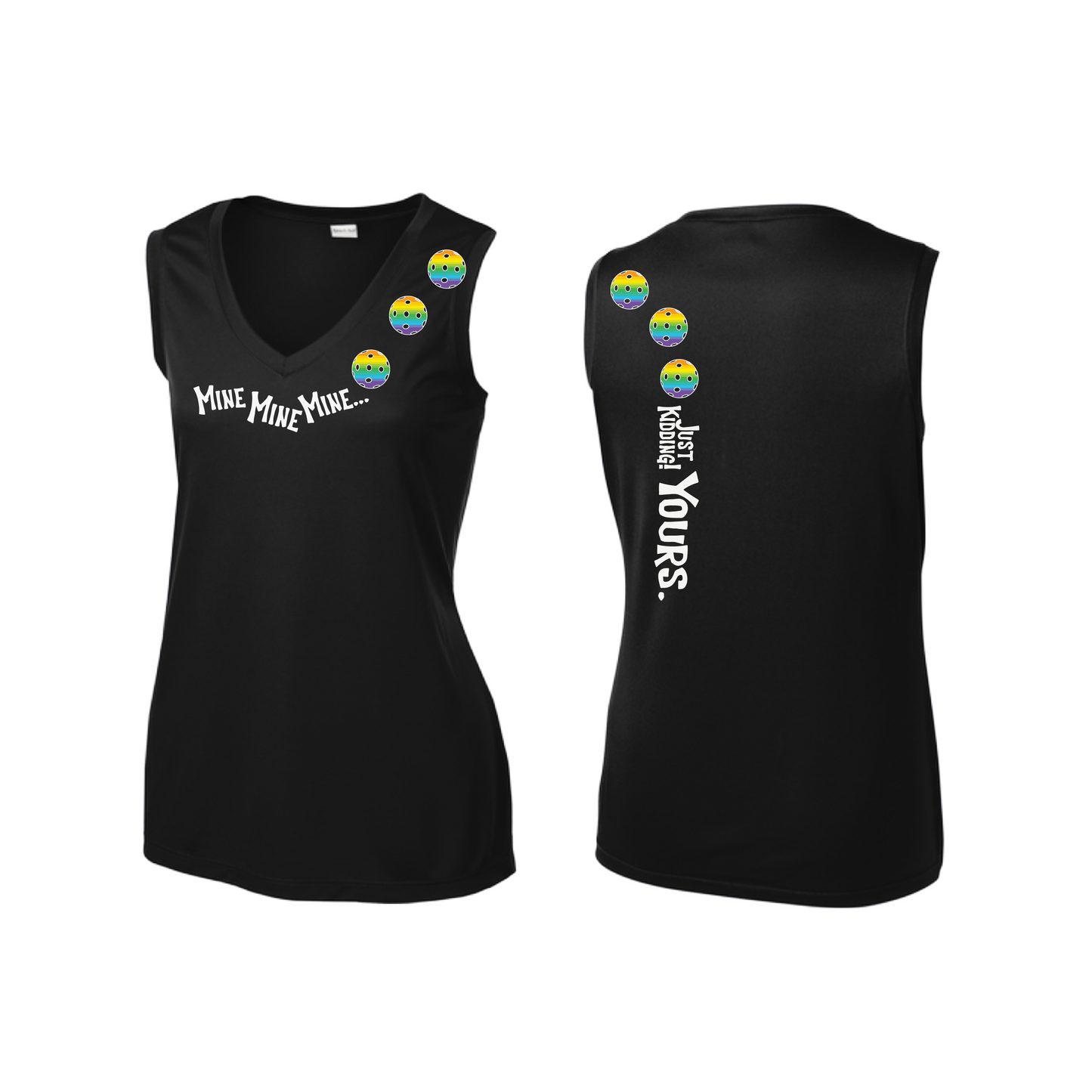 Mine JK Yours (Pickleballs Pink Purple Rainbow) | Women’s Sleeveless Athletic Shirt | 100% Polyester