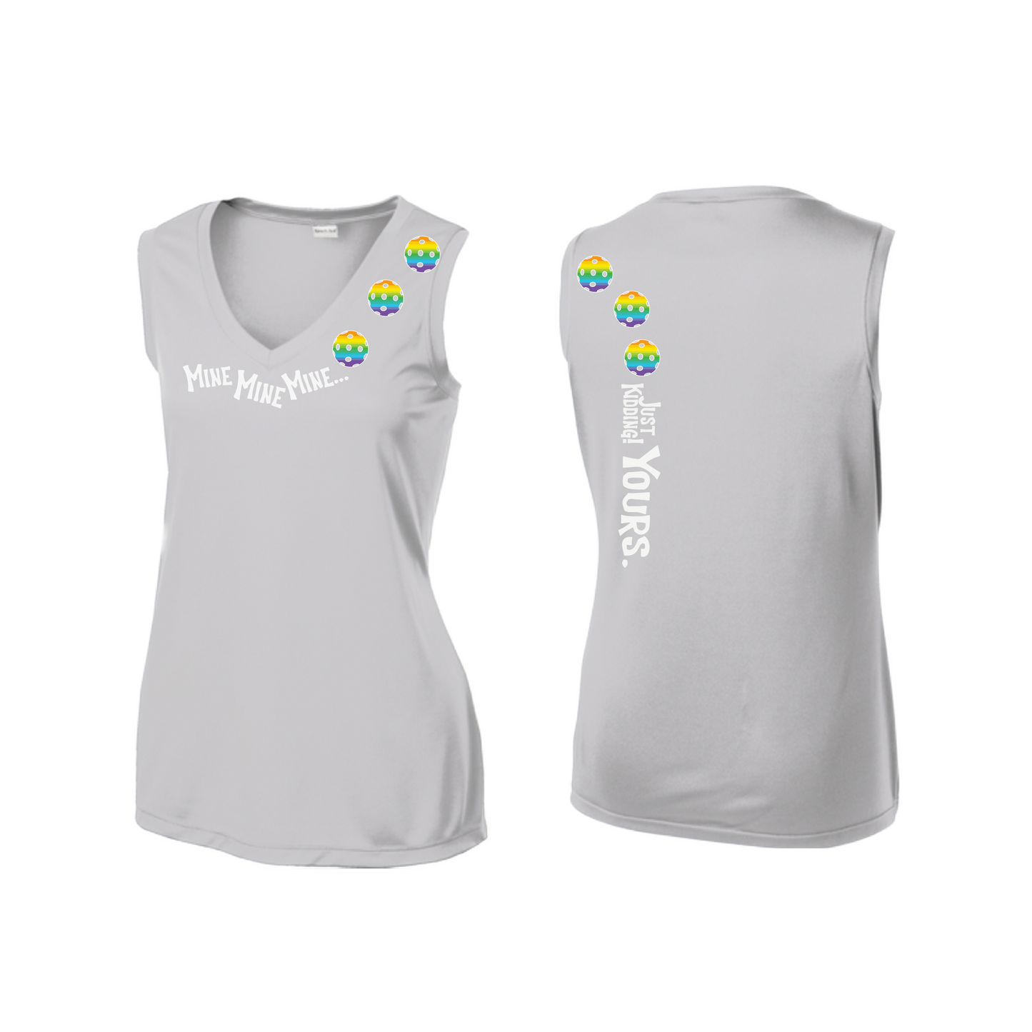 Mine JK Yours (Pickleballs Pink Purple Rainbow) | Women’s Sleeveless Athletic Shirt | 100% Polyester