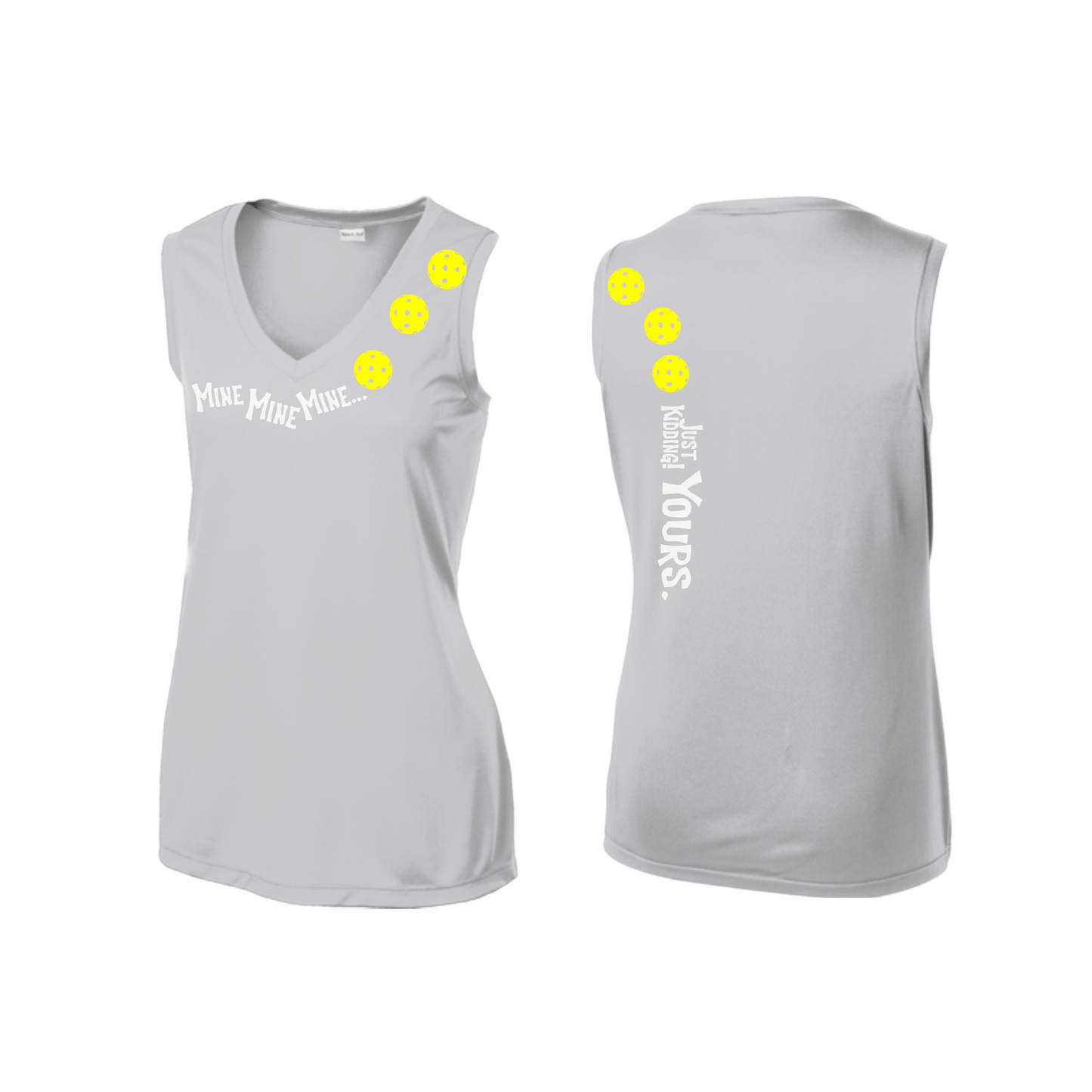 Mine JK Yours (Pickleballs Red White Yellow) | Women’s Sleeveless Athletic Shirt | 100% Polyester