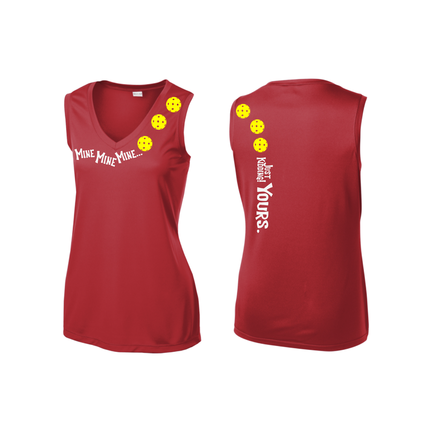 Mine JK Yours (Pickleballs Red White Yellow) | Women’s Sleeveless Athletic Shirt | 100% Polyester