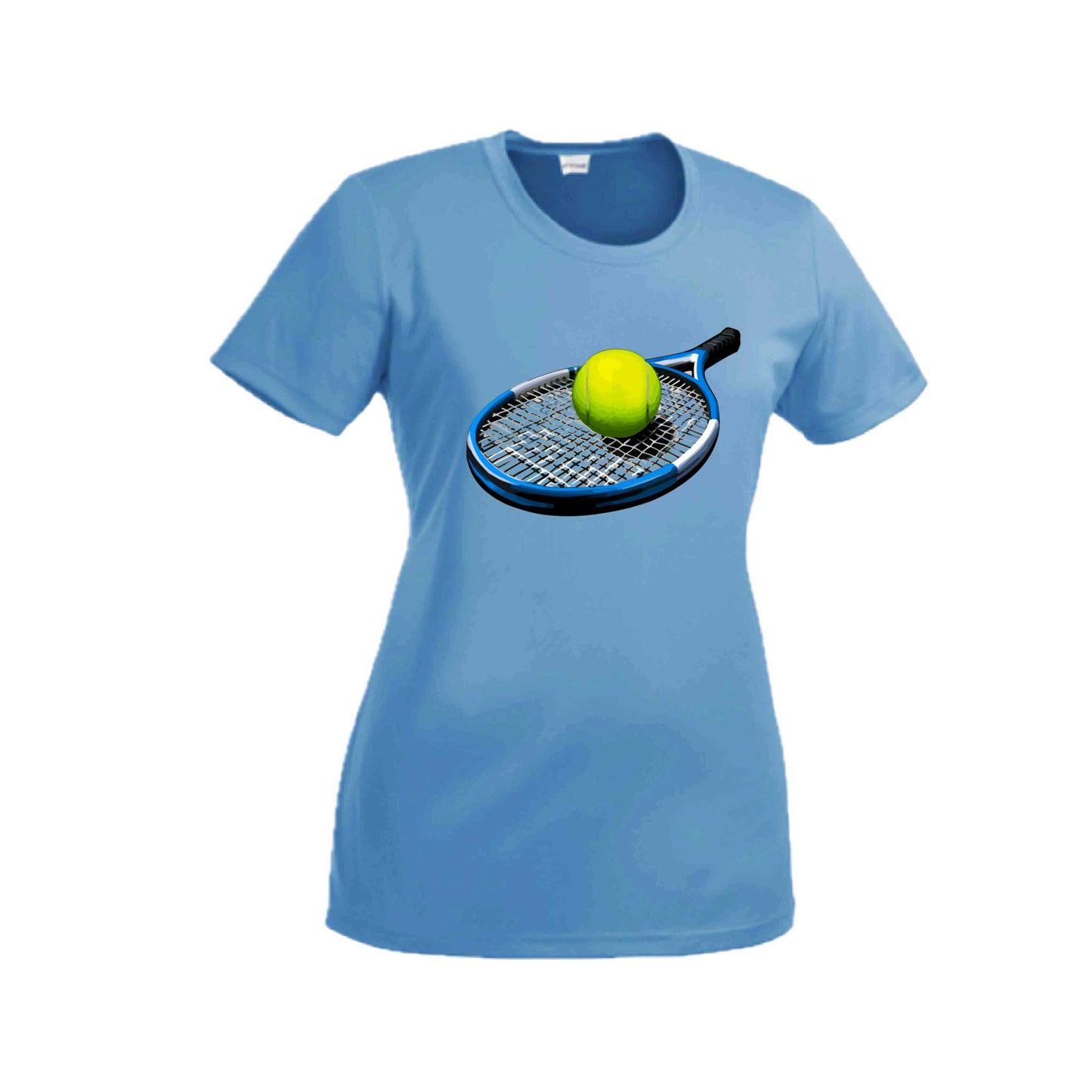 Tennis Racquet and Ball | Women’s Short Sleeve Crewneck Tennis T-Shirts | 100% Polyester