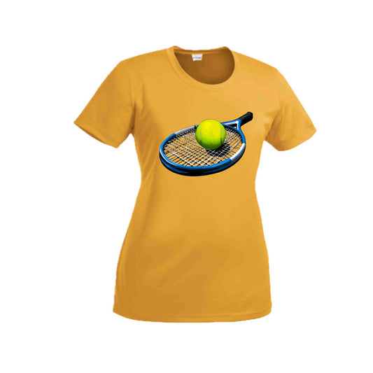 Tennis Racquet and Ball | Women’s Short Sleeve Crewneck Tennis T-Shirts | 100% Polyester