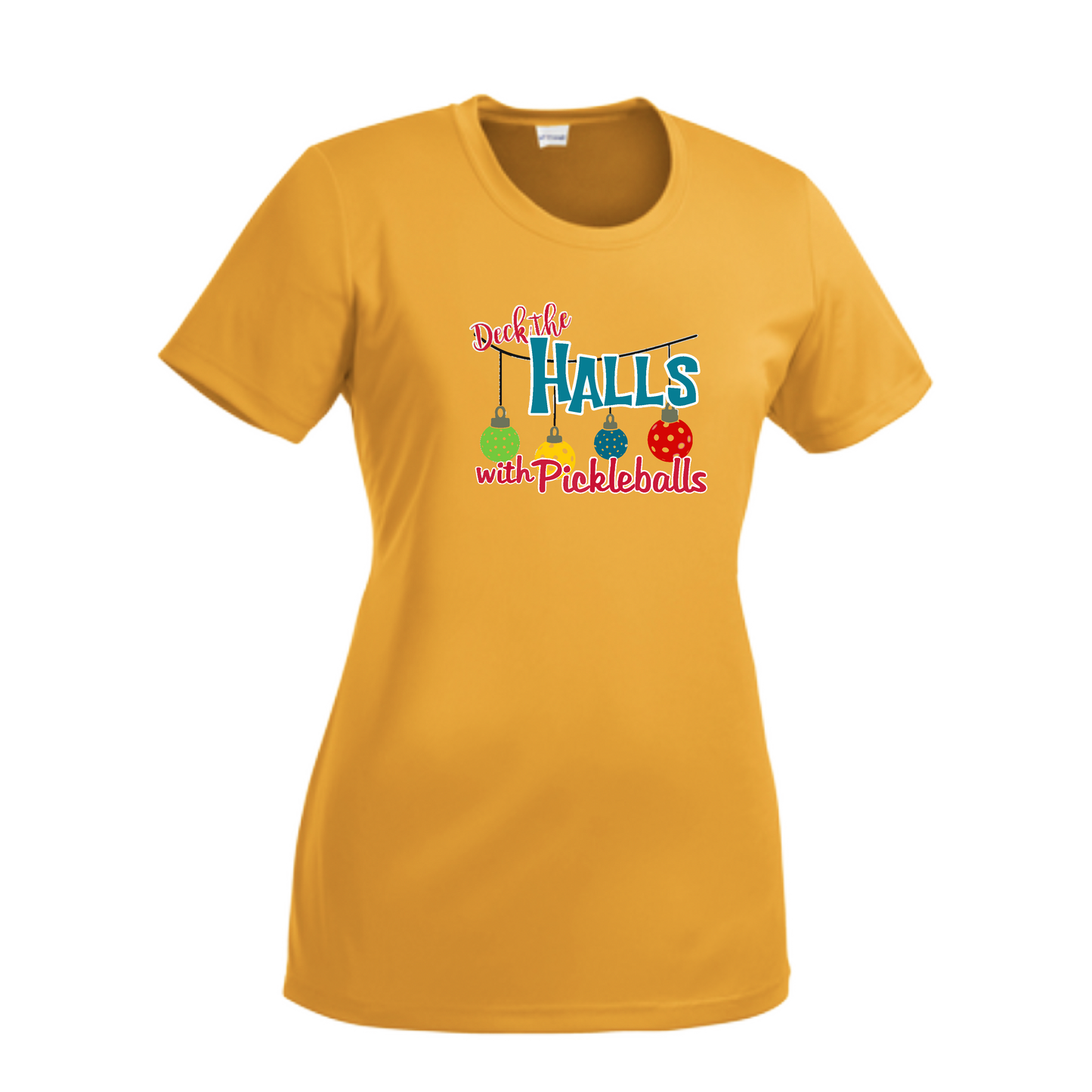 Deck the Halls with Pickleballs | Women’s Short Sleeve Crewneck Pickleball Shirts | 100% Polyester