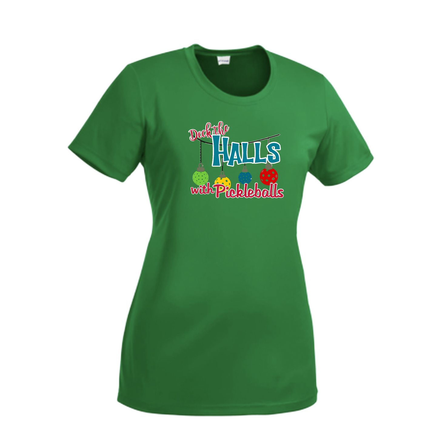 Deck the Halls with Pickleballs | Women’s Short Sleeve Crewneck Pickleball Shirts | 100% Polyester