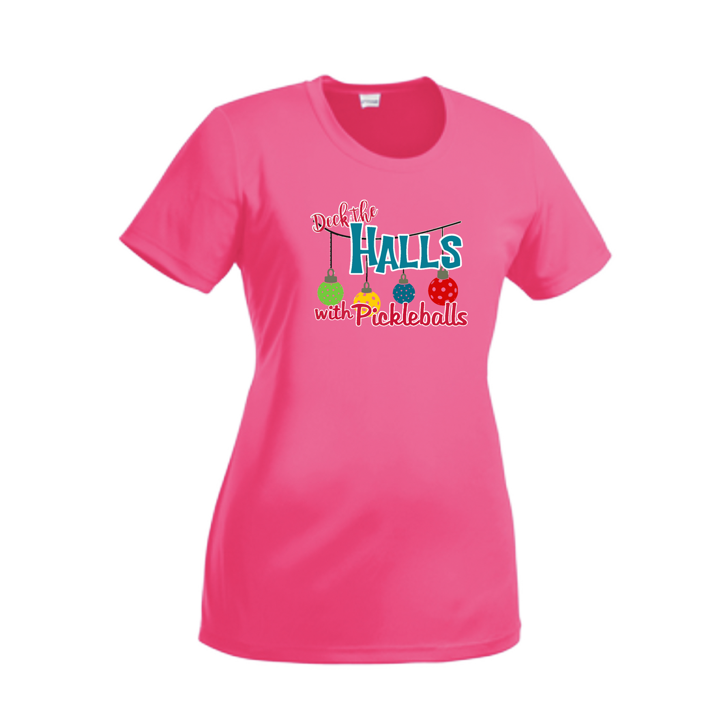 Deck the Halls with Pickleballs | Women’s Short Sleeve Crewneck Pickleball Shirts | 100% Polyester