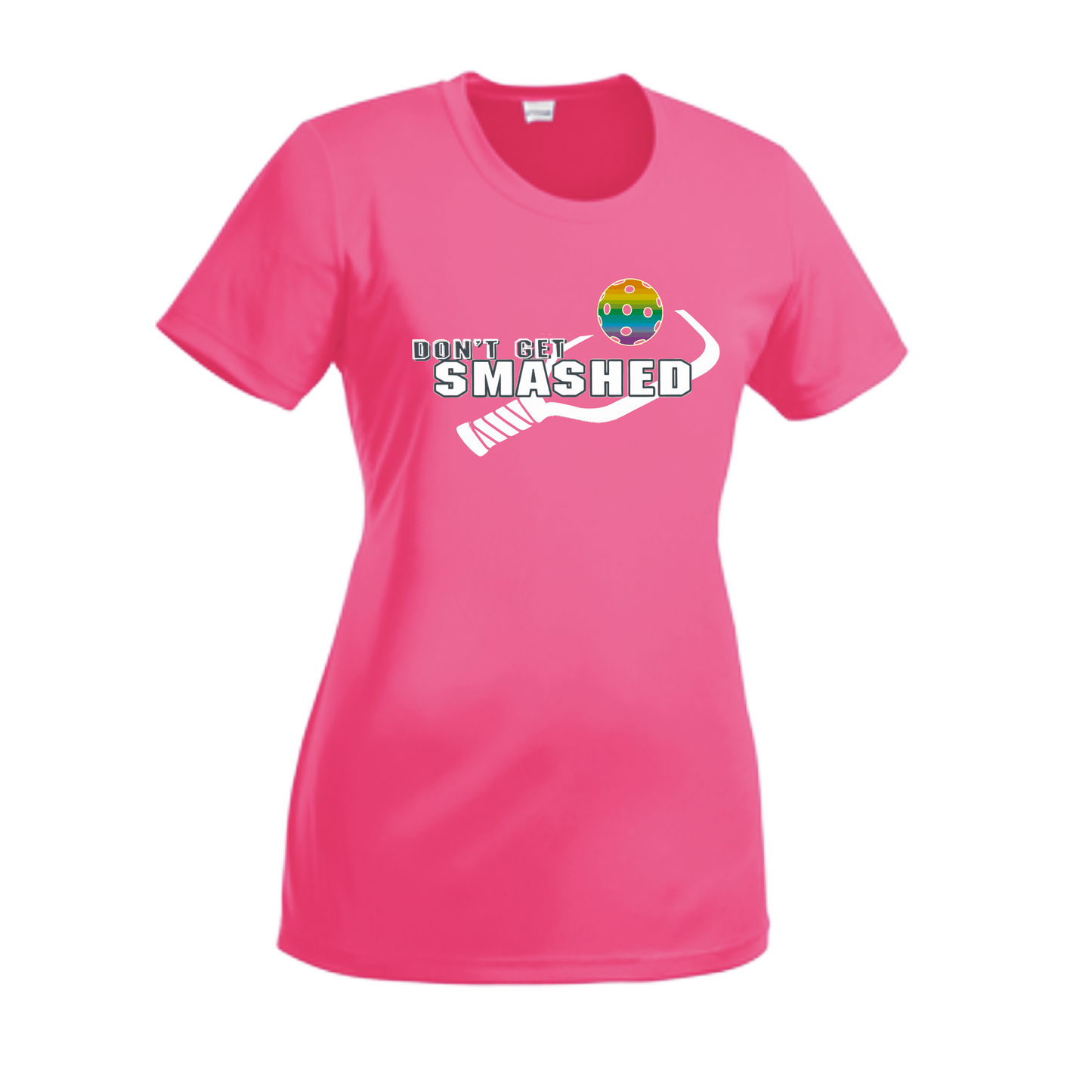 Don't Get Smashed With Pickleballs (Red Green Rainbow) Customizable | Women’s Short Sleeve Crewneck Athletic Shirts | 100% Polyester