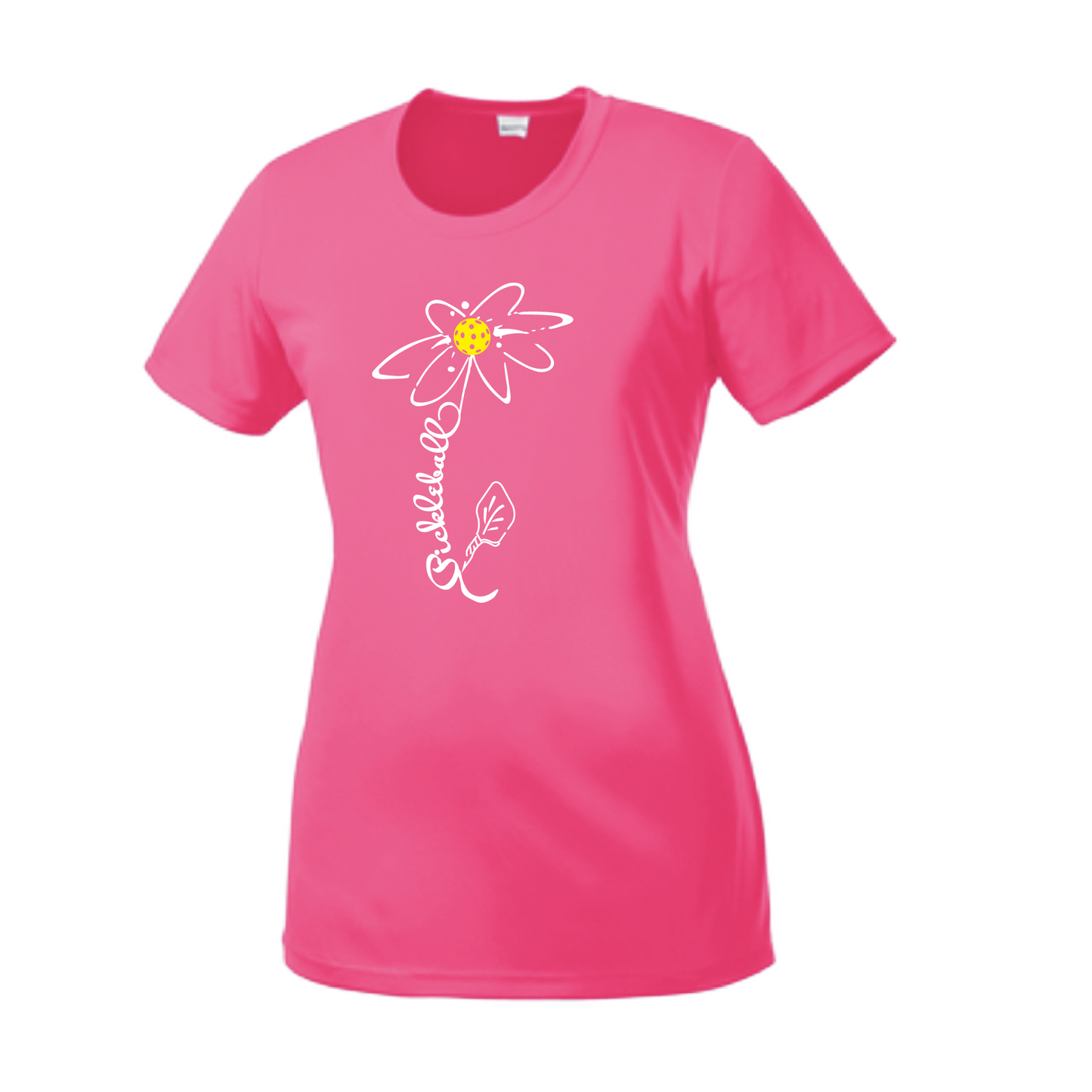 Pickleball Flower (White Yellow) | Women’s Short Sleeve Crewneck Pickleball Shirts | 100% Polyester