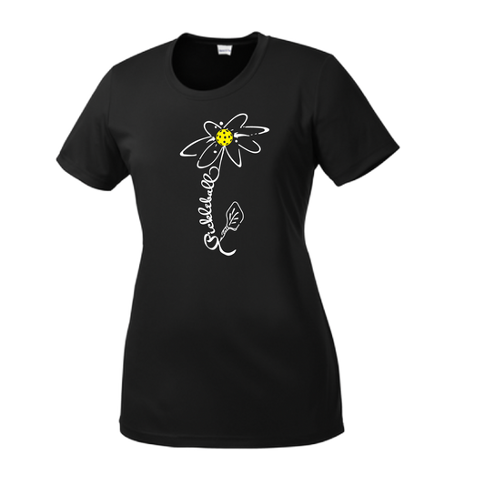 Pickleball Flower (White Yellow) | Women’s Short Sleeve Crewneck Pickleball Shirts | 100% Polyester