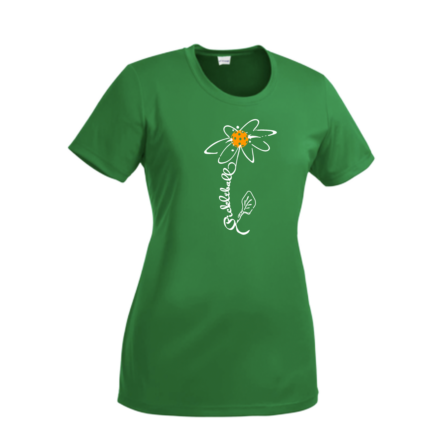 Pickleball Flower (Cyan Green Orange) | Women’s Short Sleeve Crewneck Pickleball Shirts | 100% Polyester