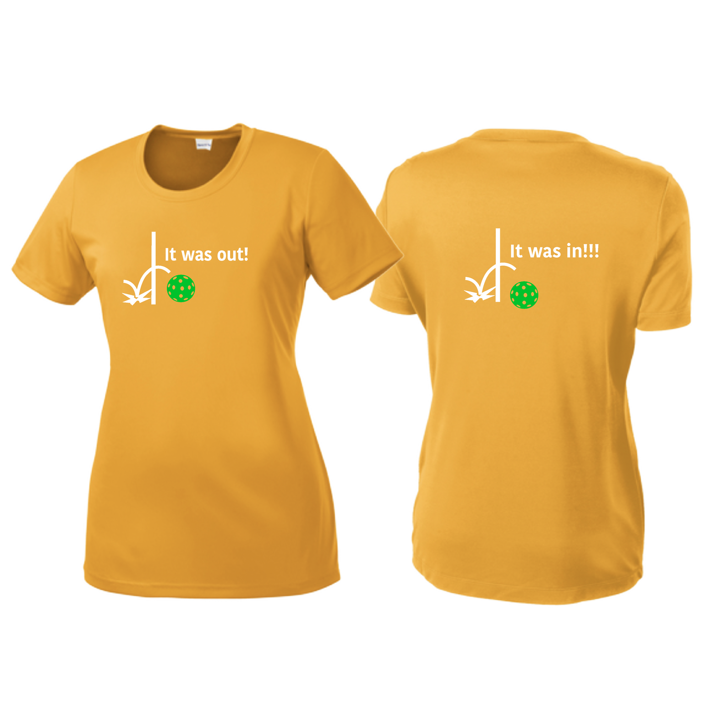 It Was Out! It Was In! (Pickleballs Cyan Green Orange) | Women’s Short Sleeve Crewneck Pickleball Shirts | 100% Polyester