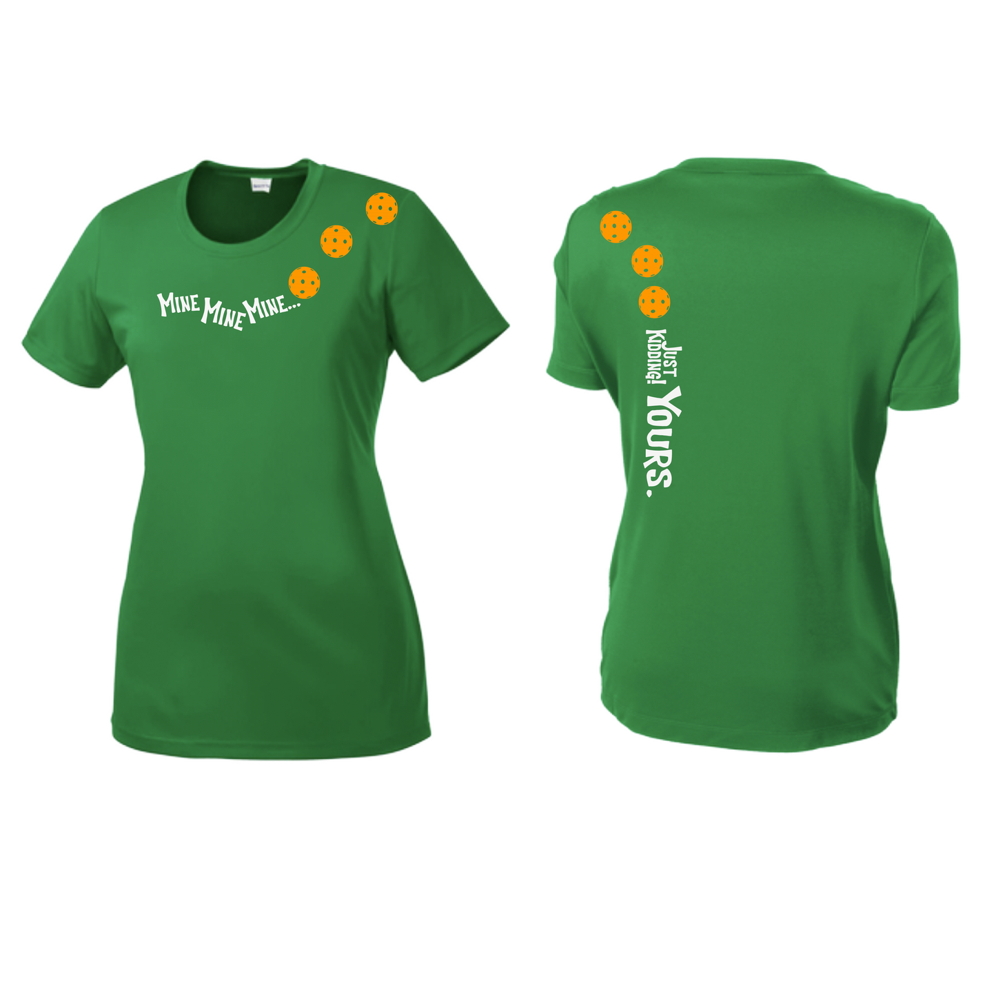 Mine JK Yours (Pickleballs Cyan Green Orange) | Women’s Short Sleeve Crewneck Pickleball Shirts | 100% Polyester