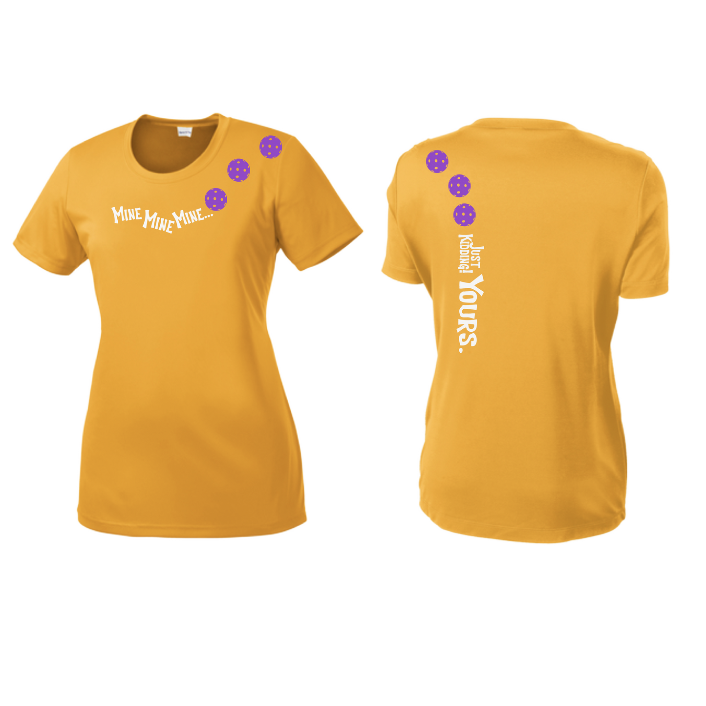 Mine JK Yours (Pickleballs Pink Purple Rainbow) | Women’s Short Sleeve Crewneck Pickleball Shirts | 100% Polyester