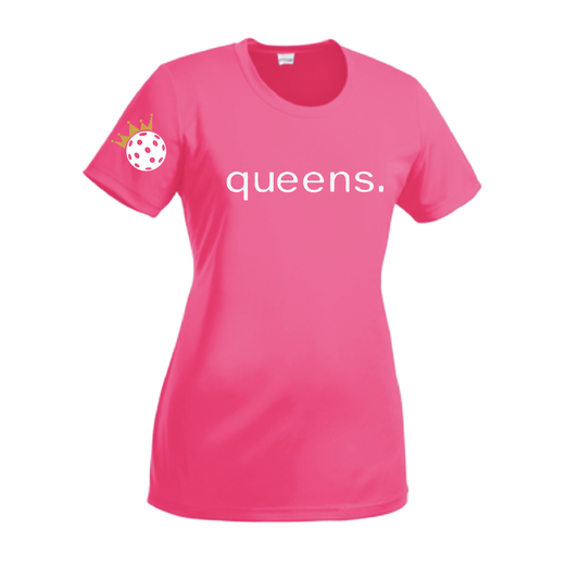 Our Pickleball Queen and Crown tee is fit for an athlete. Light and airy with PosiCharge tech, colors and logos stay vivid! Crew neck and set-in sleeves provide the ultimate comfort and movement, while the moisture-wicking fabric keeps you cool and on-point. Let the pickleballing begin! It features a generously fitted silhouette for a full range of motion. 