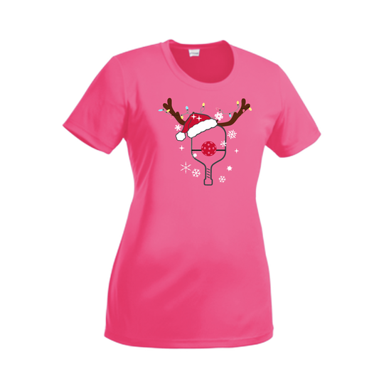 Reindeer Paddle | Women’s Short Sleeve Crewneck Pickleball Shirts | 100% Polyester