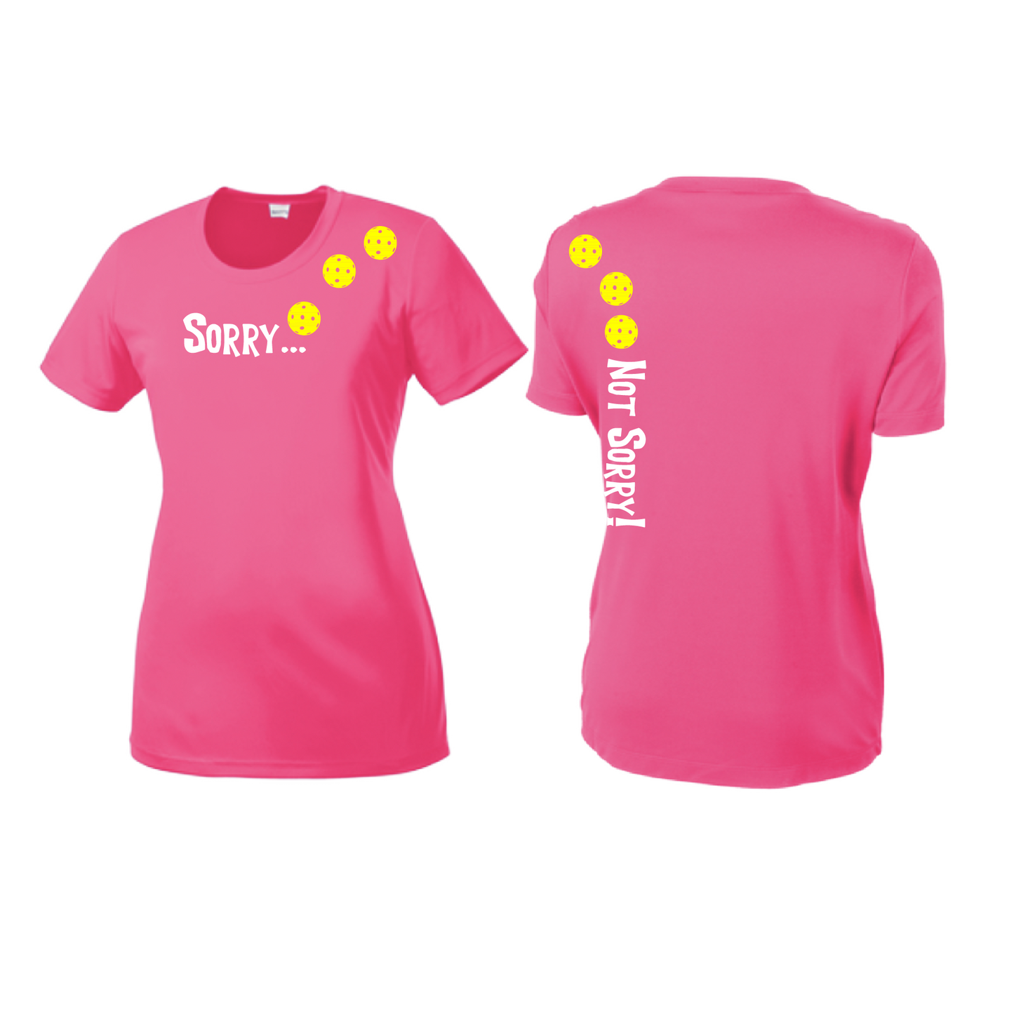 Sorry Not Sorry (Pickleballs Red White Yellow) | Women’s Short Sleeve Crewneck Pickleball Shirts | 100% Polyester