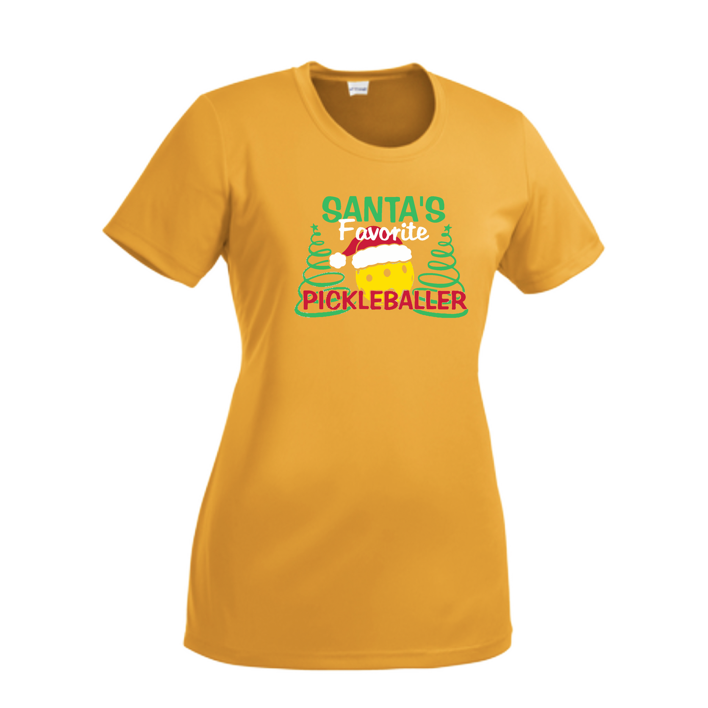 Santa's Favorite Pickleballer | Women’s Short Sleeve Crewneck Pickleball Shirts | 100% Polyester