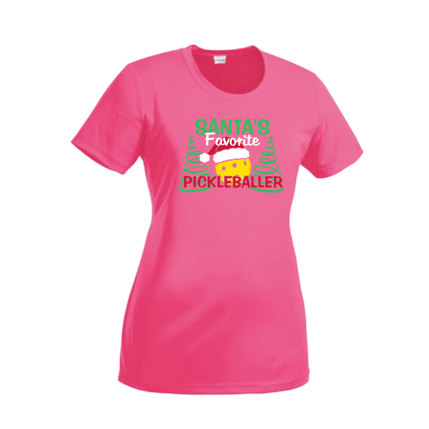 Santa's Favorite Pickleballer | Women’s Short Sleeve Crewneck Pickleball Shirts | 100% Polyester