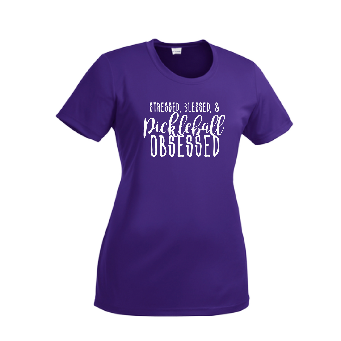 Stressed Blessed & Pickleball Obsessed | Women’s Short Sleeve Crewneck Pickleball Shirts | 100% Polyester
