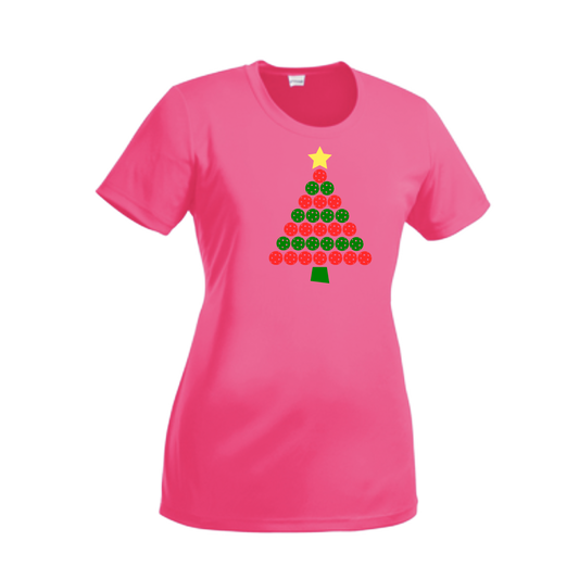 Christmas Tree | Women’s Short Sleeve Crewneck Pickleball Shirts | 100% Polyester