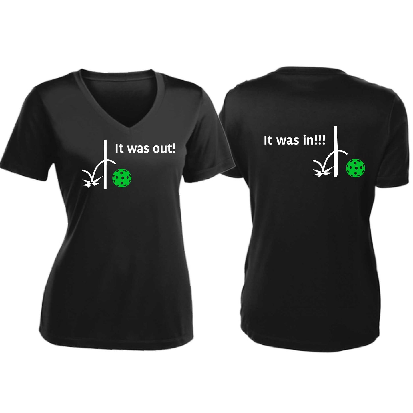 It Was Out! It Was In! (Pickleballs Cyan Green Orange) | Women's Short Sleeve V-Neck Pickleball T-Shirts | 100% Polyester