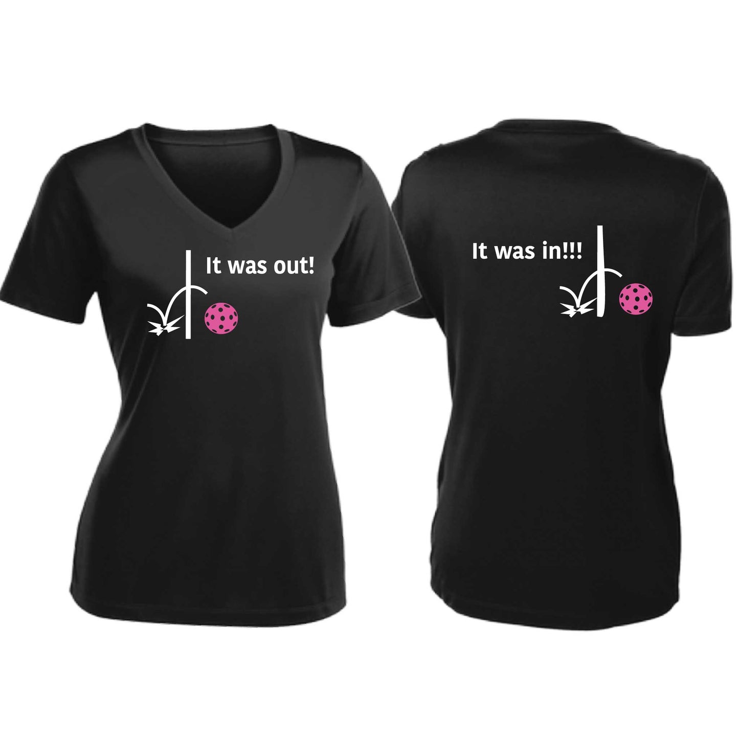 It Was Out! It Was In! (Pickleballs Pink Purple Rainbow) | Women's Short Sleeve V-Neck Pickleball T-Shirts | 100% Polyester