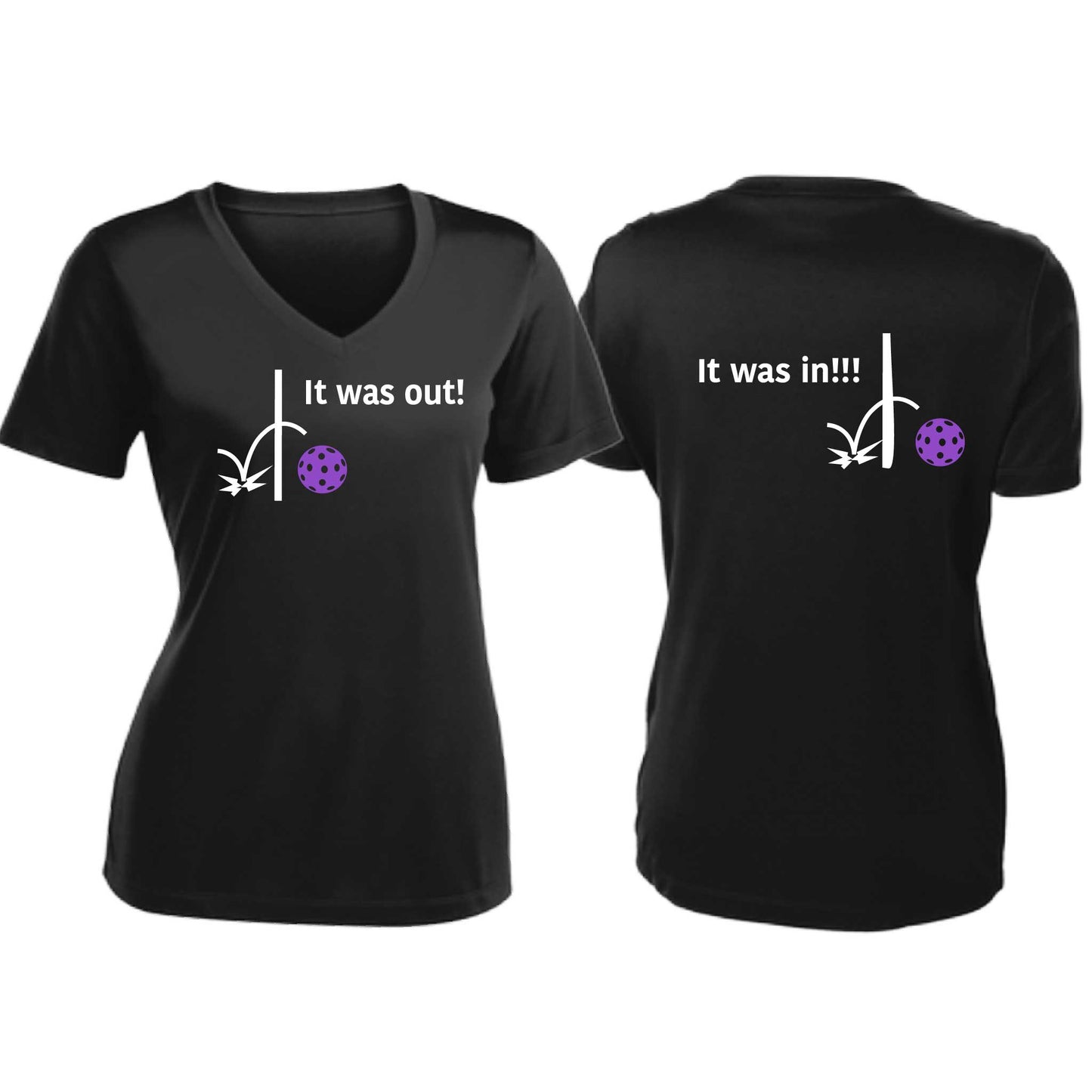 It Was Out! It Was In! (Pickleballs Pink Purple Rainbow) | Women's Short Sleeve V-Neck Pickleball T-Shirts | 100% Polyester