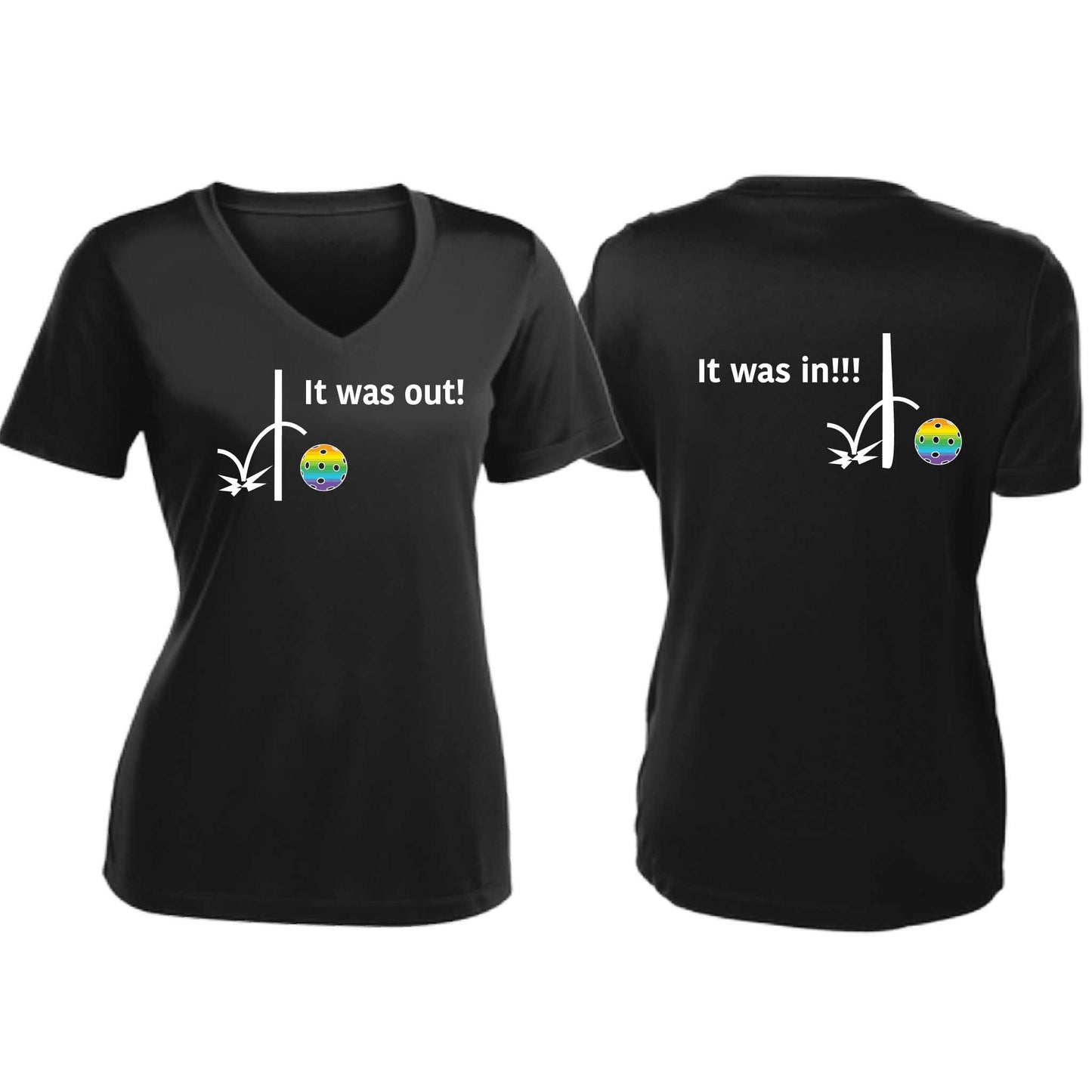 It Was Out! It Was In! (Pickleballs Pink Purple Rainbow) | Women's Short Sleeve V-Neck Pickleball T-Shirts | 100% Polyester