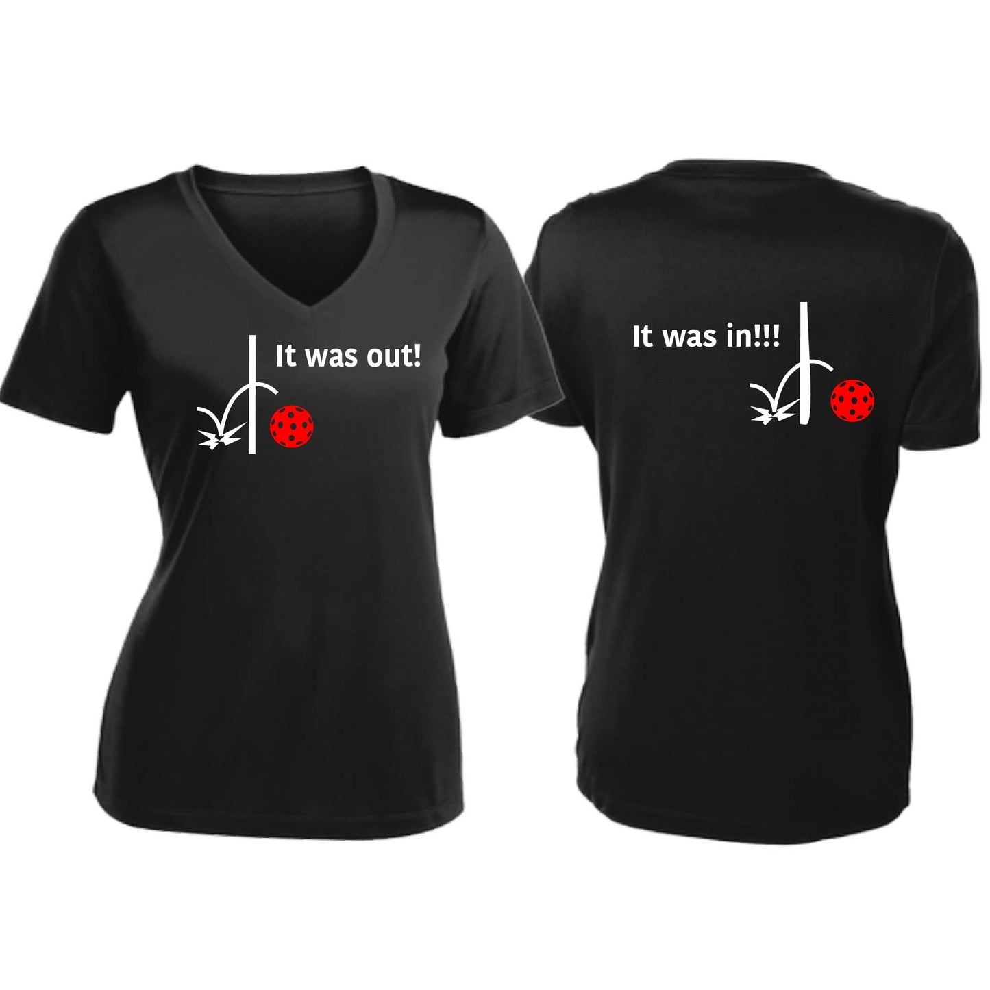 It Was Out! It Was In! (Pickleballs Red White Yellow) | Women's Short Sleeve V-Neck Pickleball T-Shirts | 100% Polyester