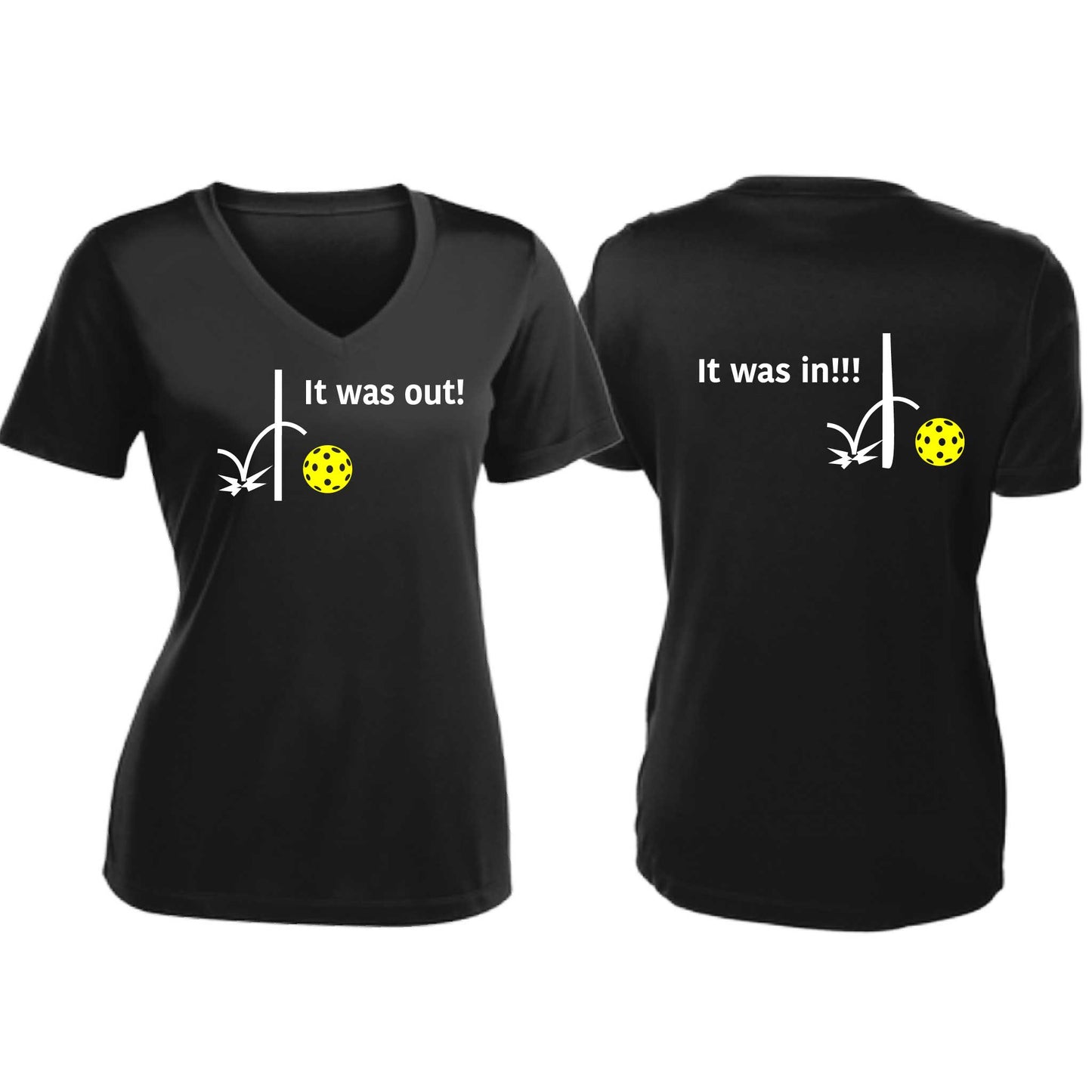 It Was Out! It Was In! (Pickleballs Red White Yellow) | Women's Short Sleeve V-Neck Pickleball T-Shirts | 100% Polyester