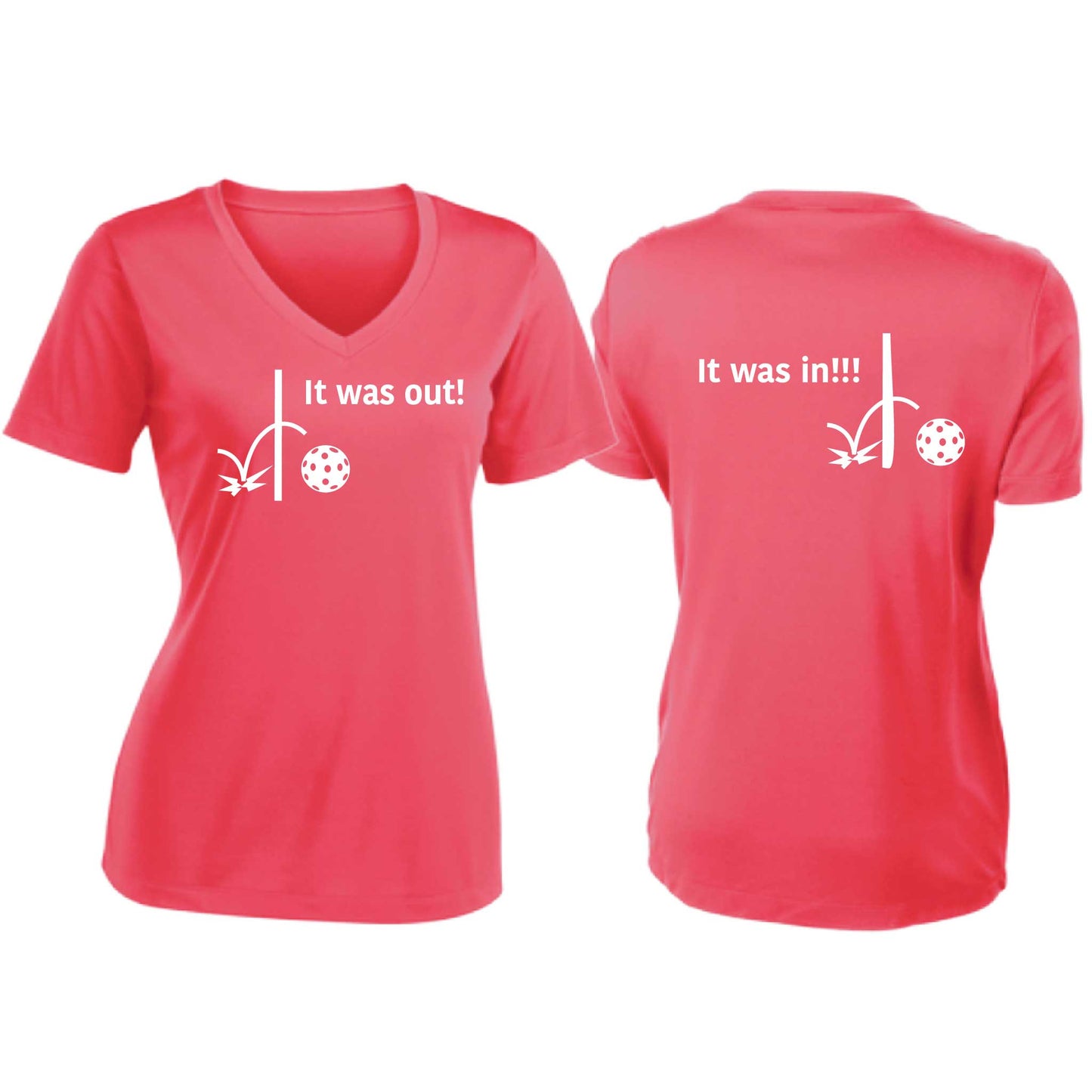 It Was Out! It Was In! (Pickleballs Red White Yellow) | Women's Short Sleeve V-Neck Pickleball T-Shirts | 100% Polyester